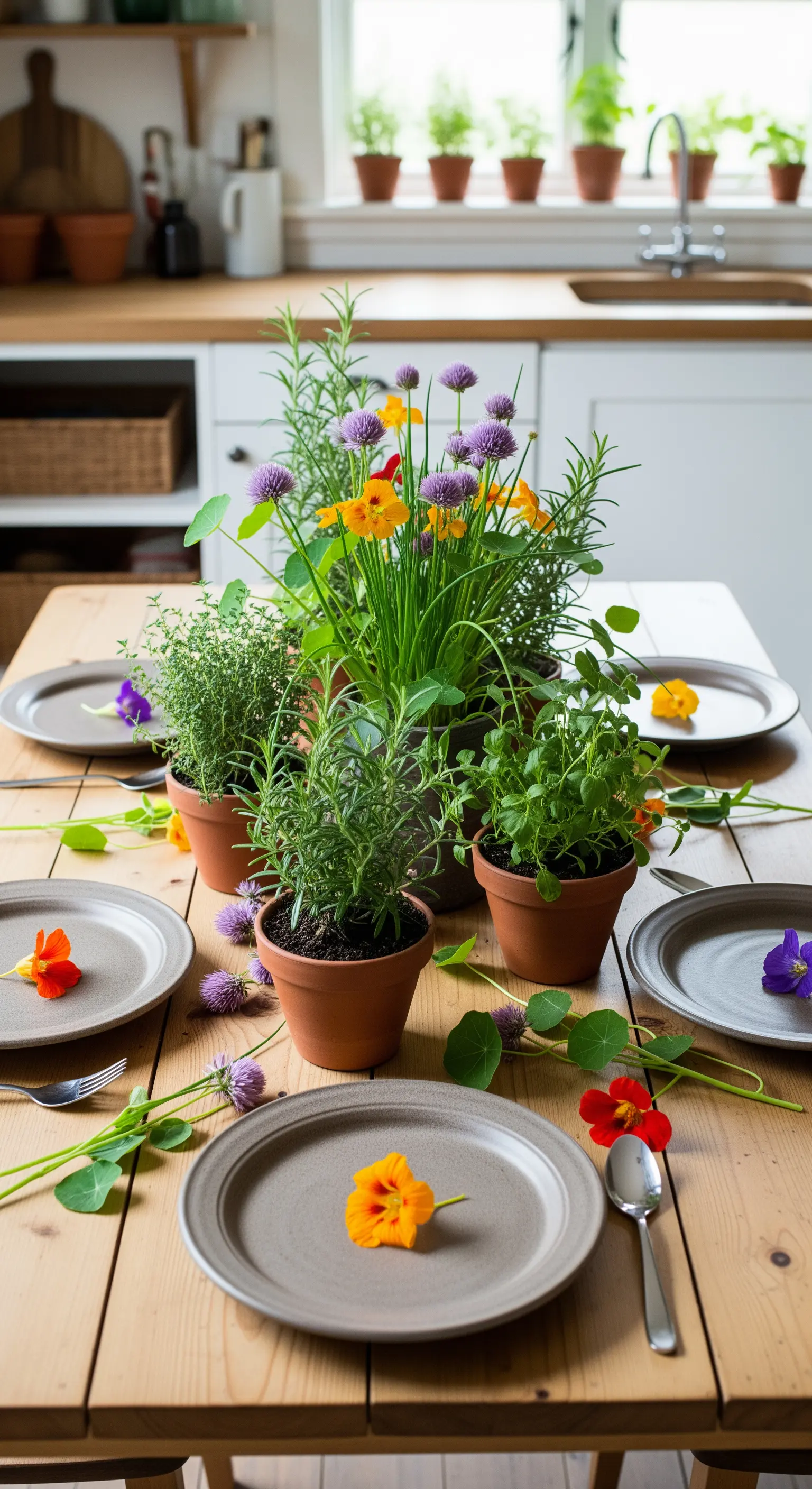 Centrotavola composto da vasi di erbe aromatiche e fiori commestibili su un tavolo di legno