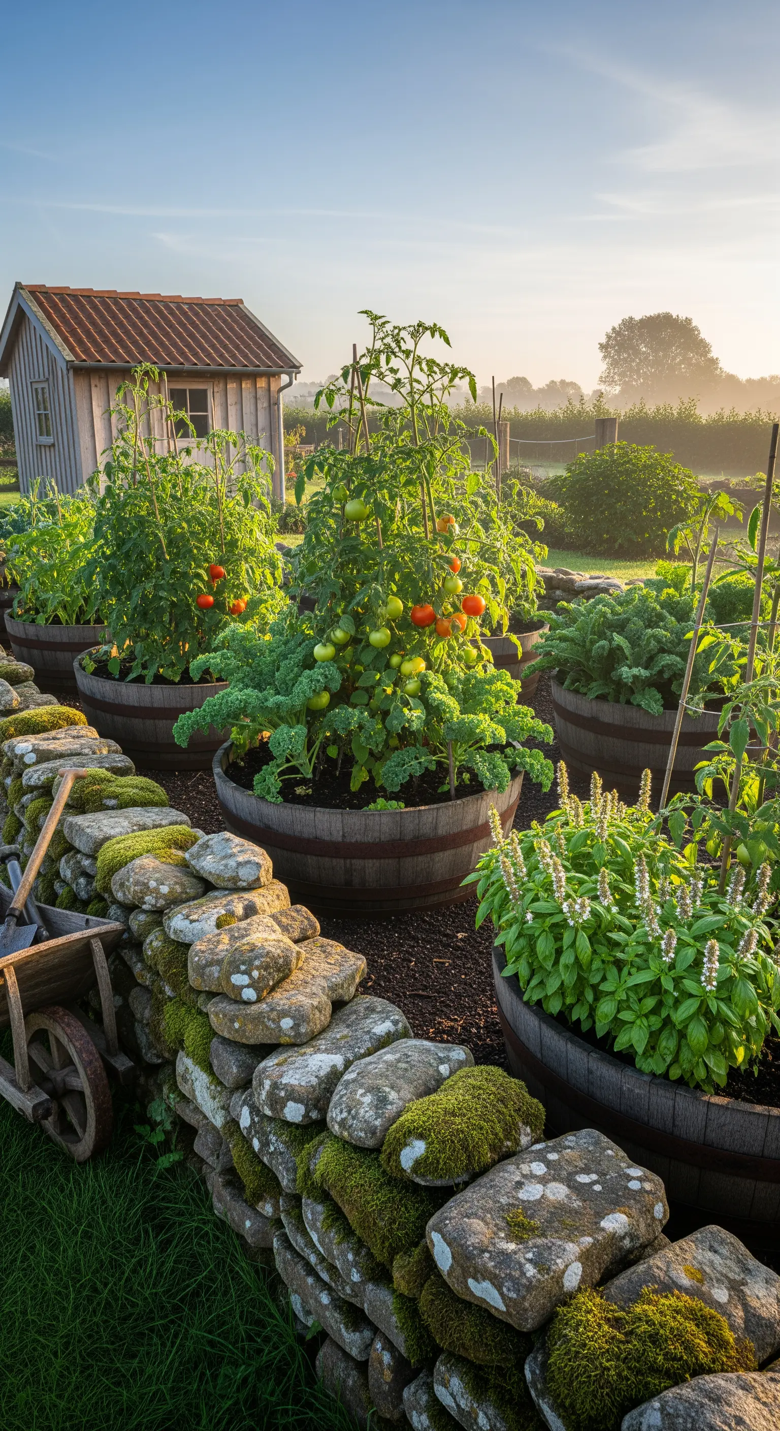 Orto in giardino con piante di pomodoro e basilico coltivate in grandi botti di legno