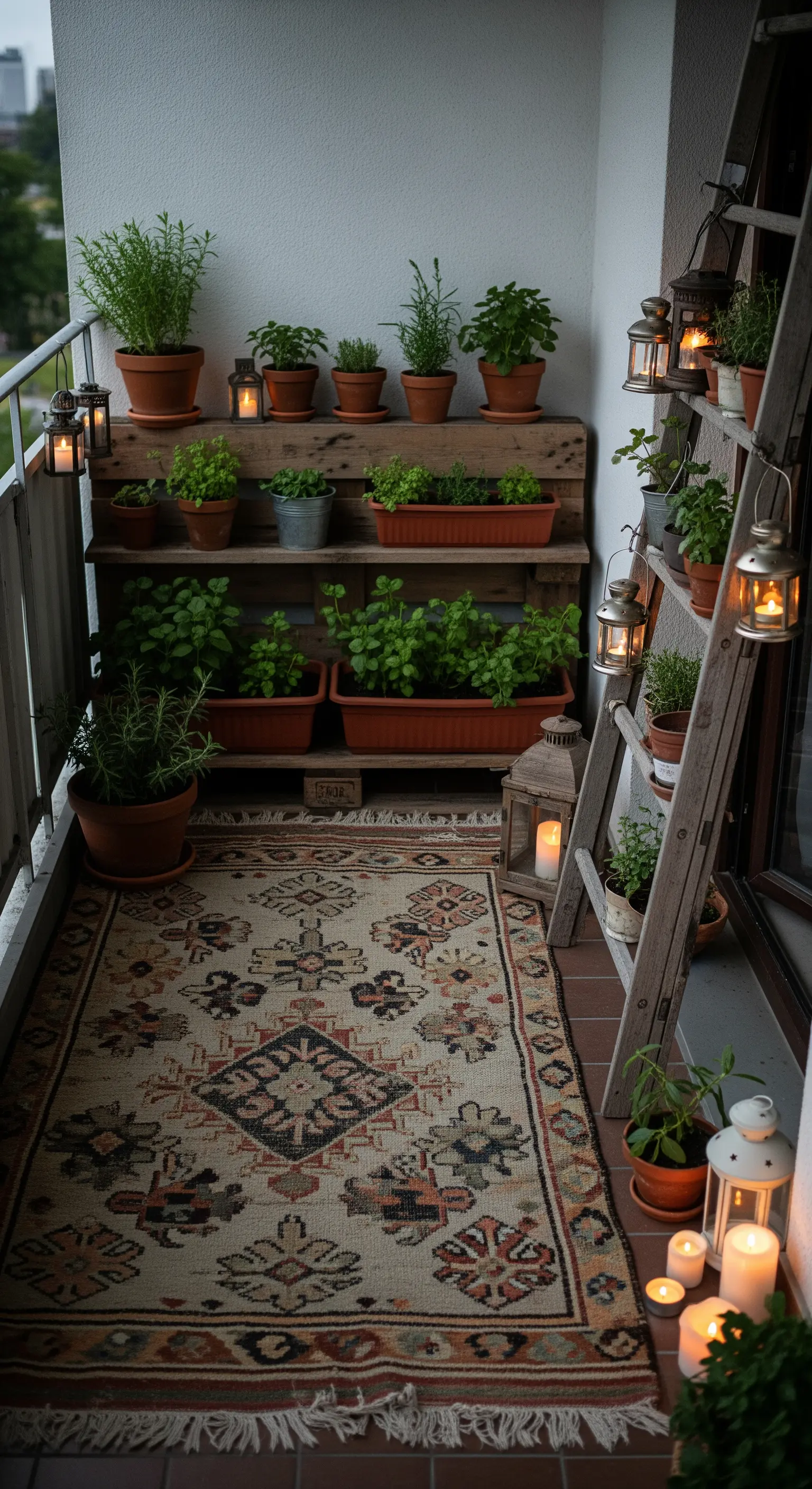 Balcone con orto di erbe aromatiche su pallet, tappeto kilim e lanterne a candela.