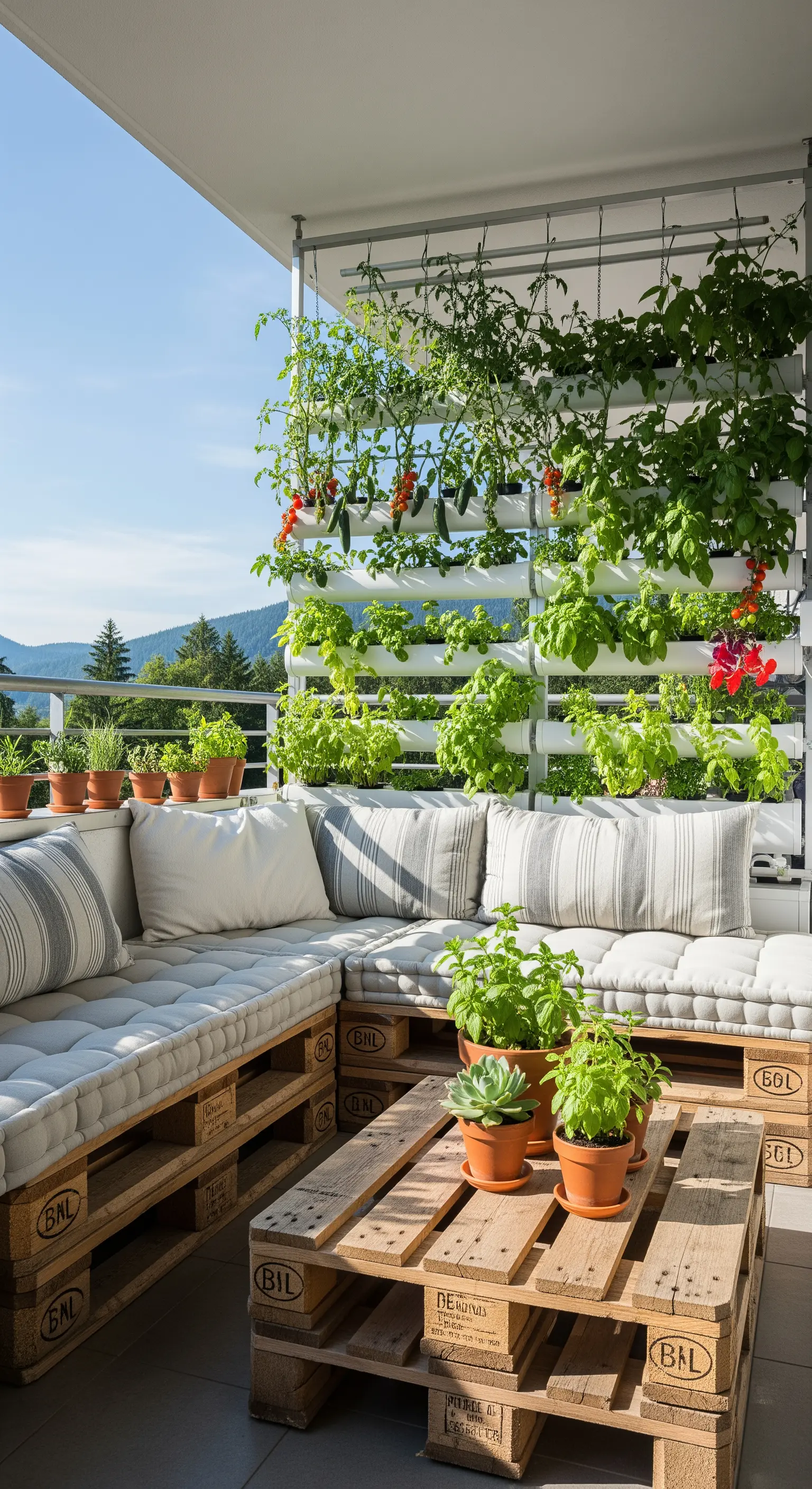 Divano in pallet con cuscini grigi e un grande orto verticale a parete con erbe aromatiche.