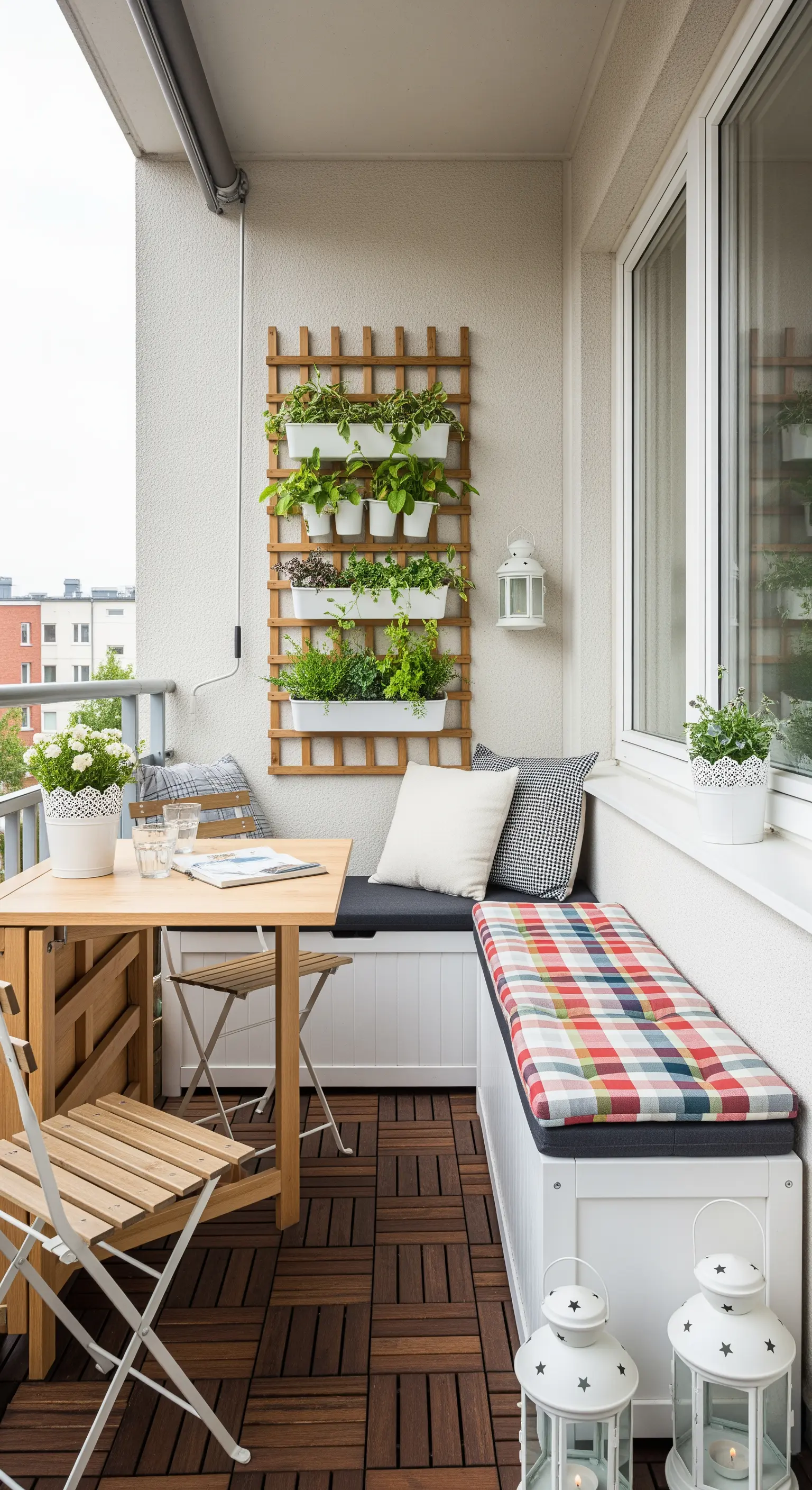 Piccolo balcone con panca contenitore, tavolo pieghevole e un orto verticale a parete.