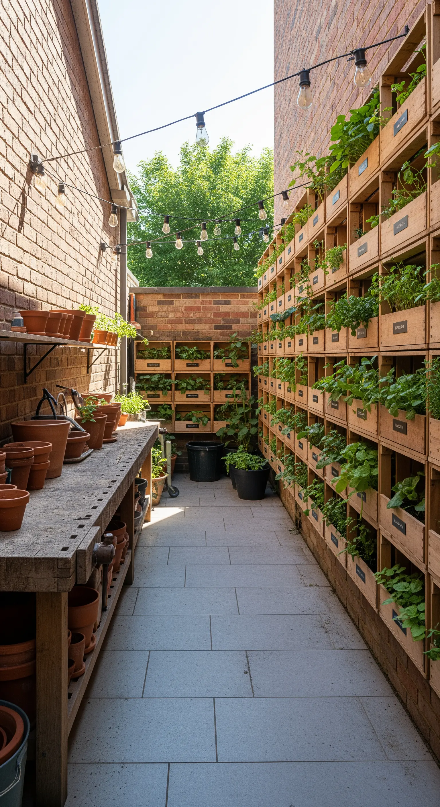 Corridoio esterno con pareti ricoperte di cassette di legno trasformate in orto verticale