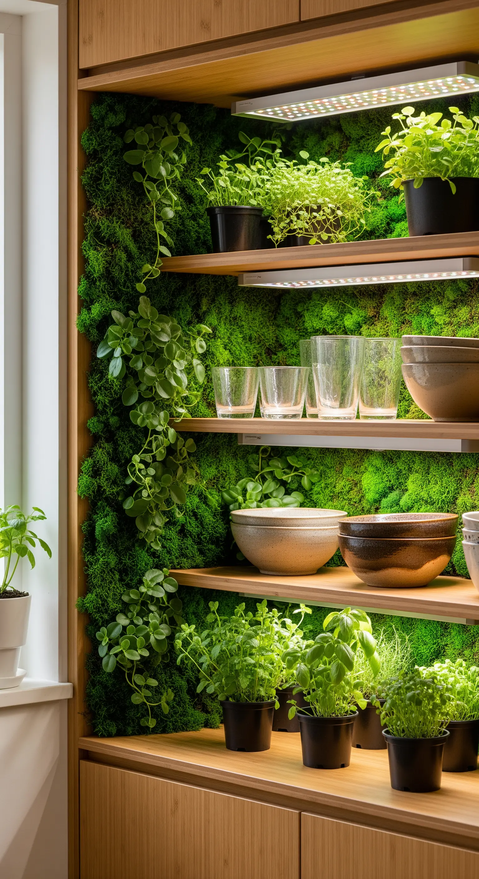 Libreria con parete di muschio e piante aromatiche illuminate da luci LED.