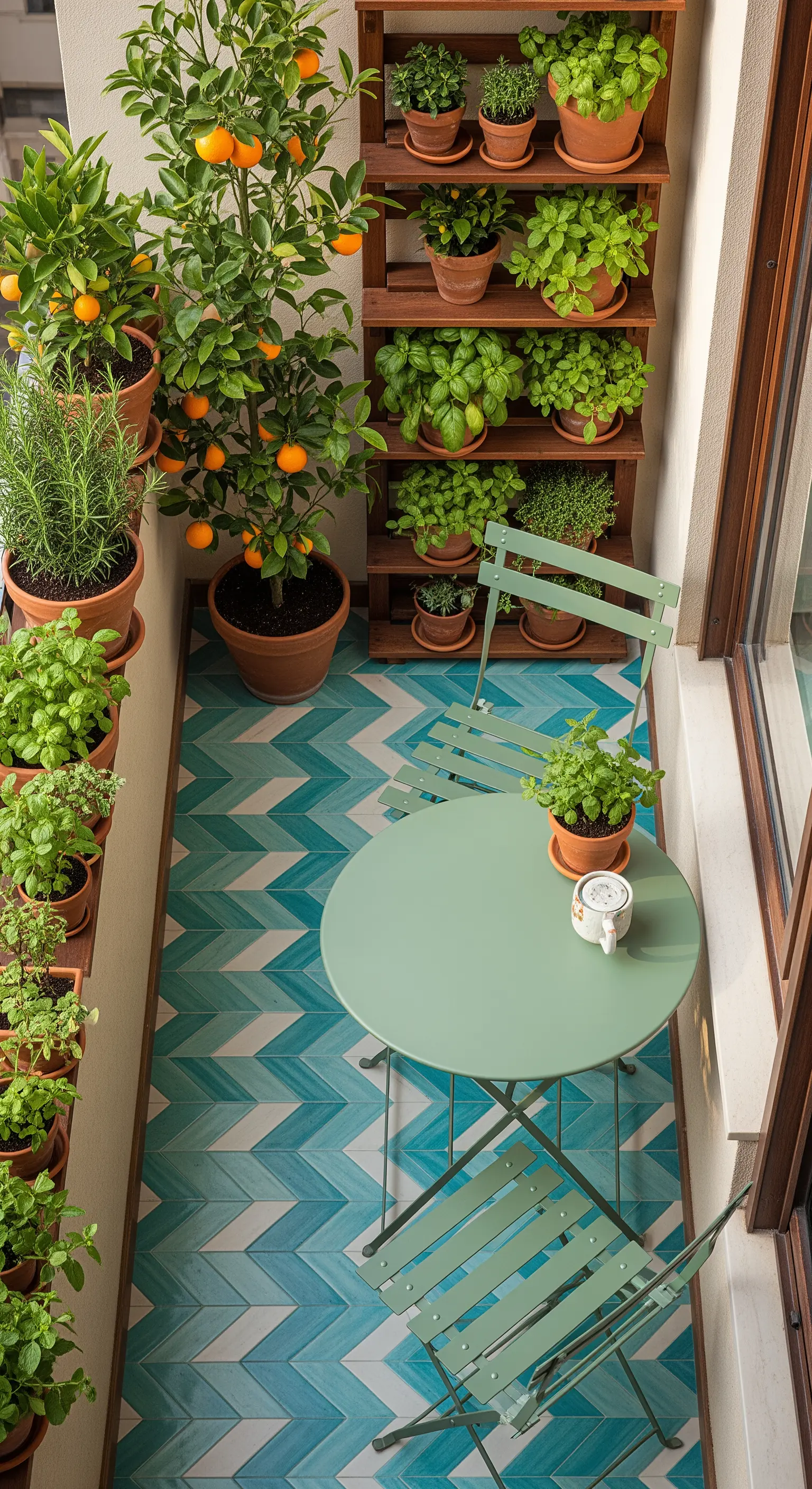 Balcone stretto con piastrelle a spina di pesce turchesi, un orto verticale e un tavolino verde.