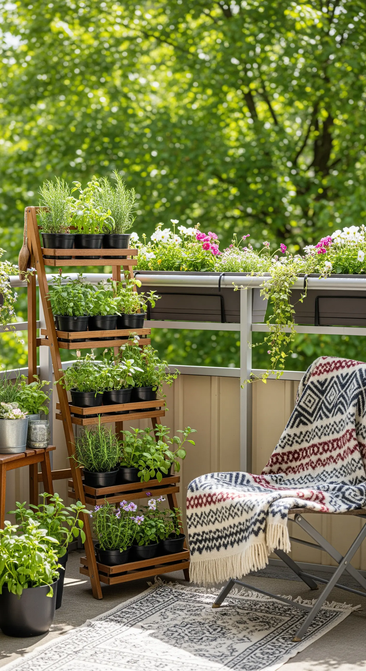Balcone con un orto verticale su una scala di legno e fioriere piene di erbe.