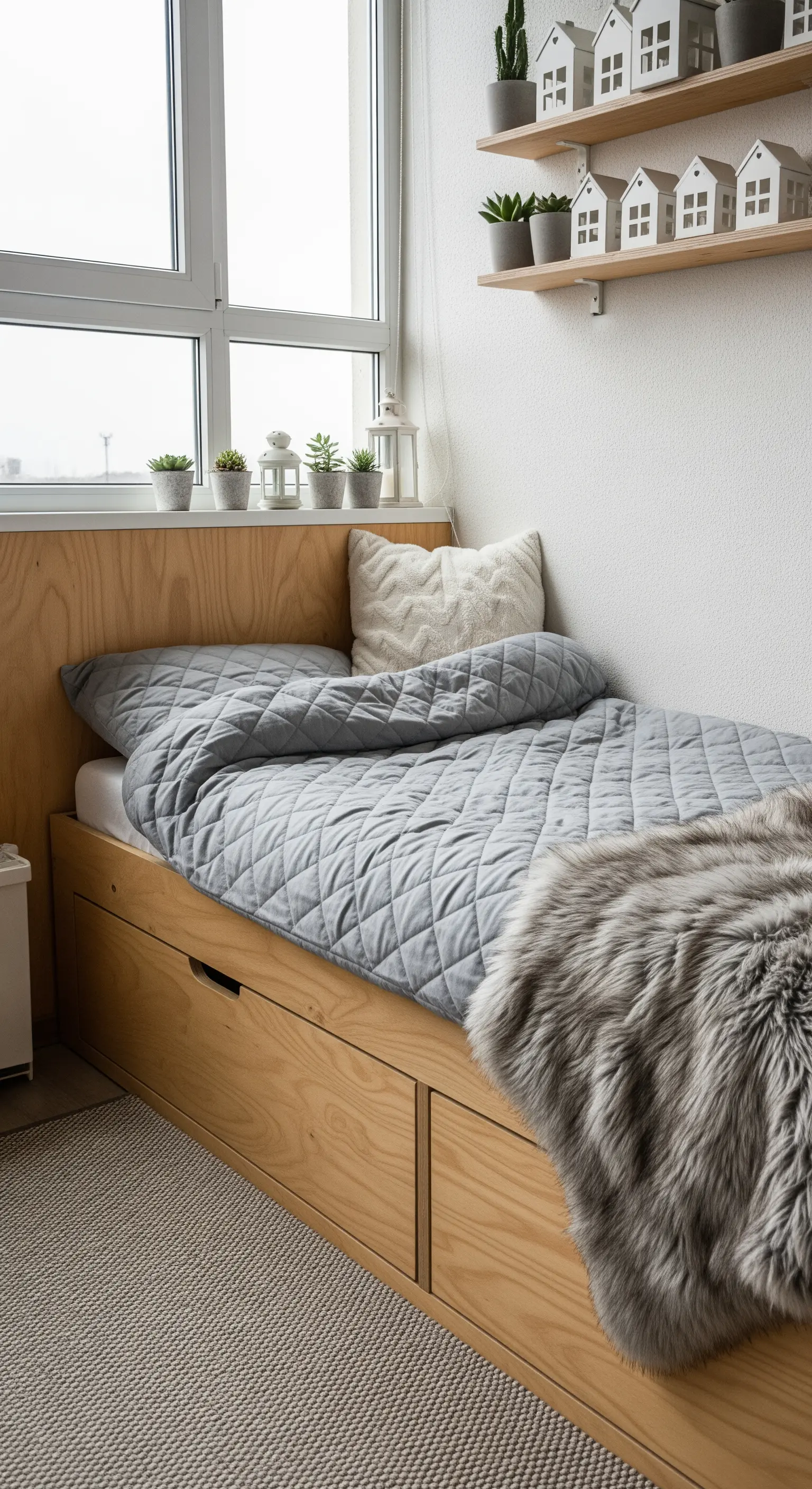 Letto con struttura in legno chiaro e cassetti, in una veranda luminosa.