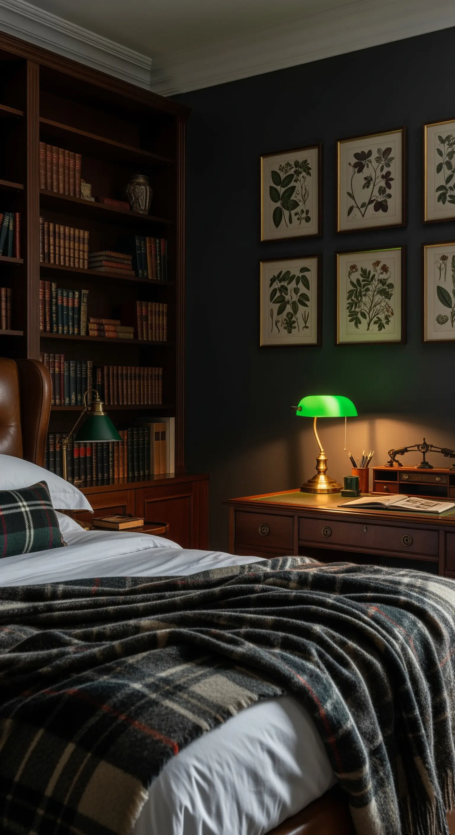 Angolo studio in una camera da letto scura con lampada da banchiere in ottone e vetro verde.