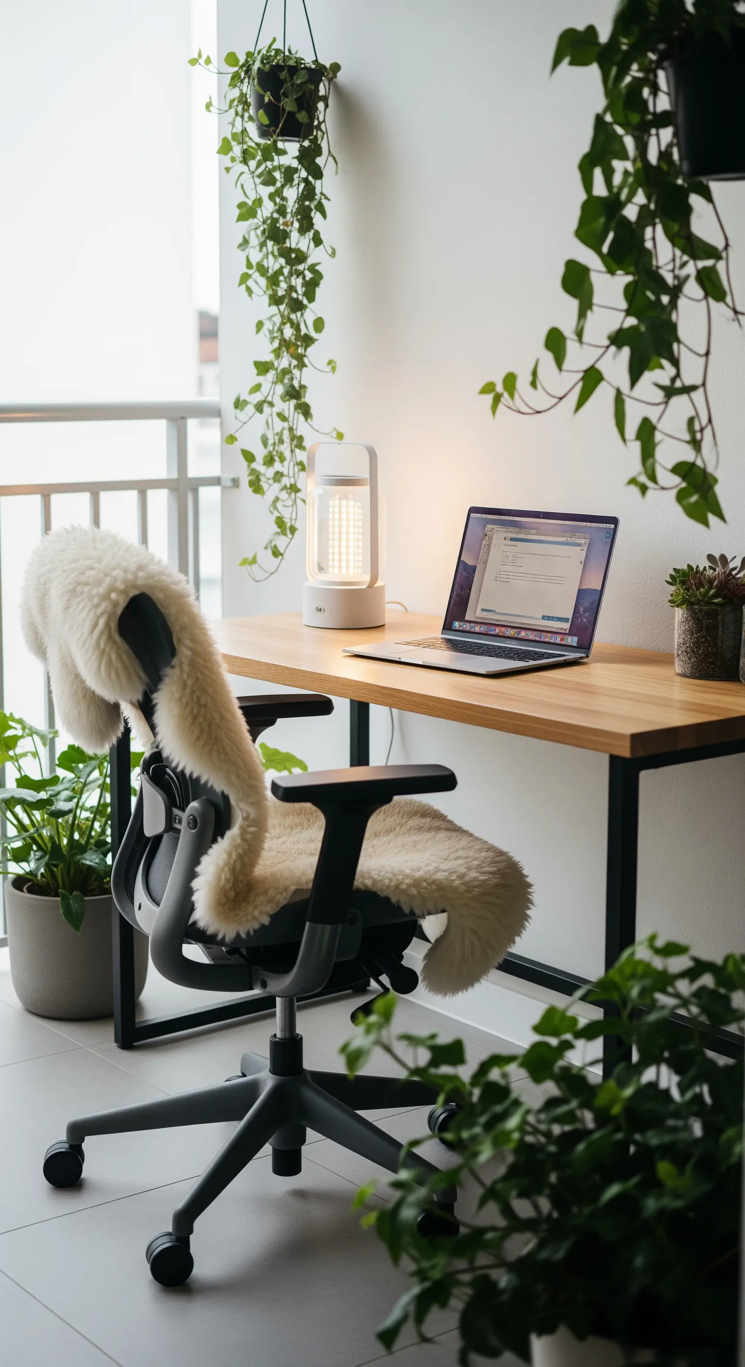 Scrivania vicino a un balcone, con sedia ergonomica coperta da una pelle di pecora.