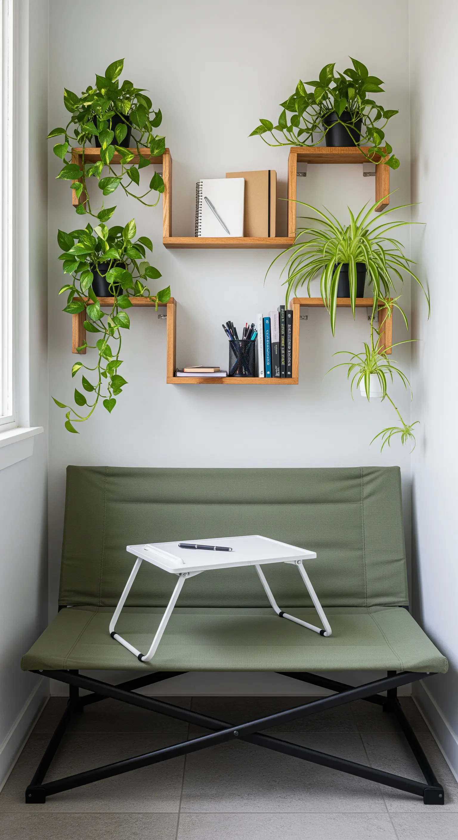 Divanetto pieghevole verde con mensole in legno e piante ricadenti per un angolo studio funzionale.