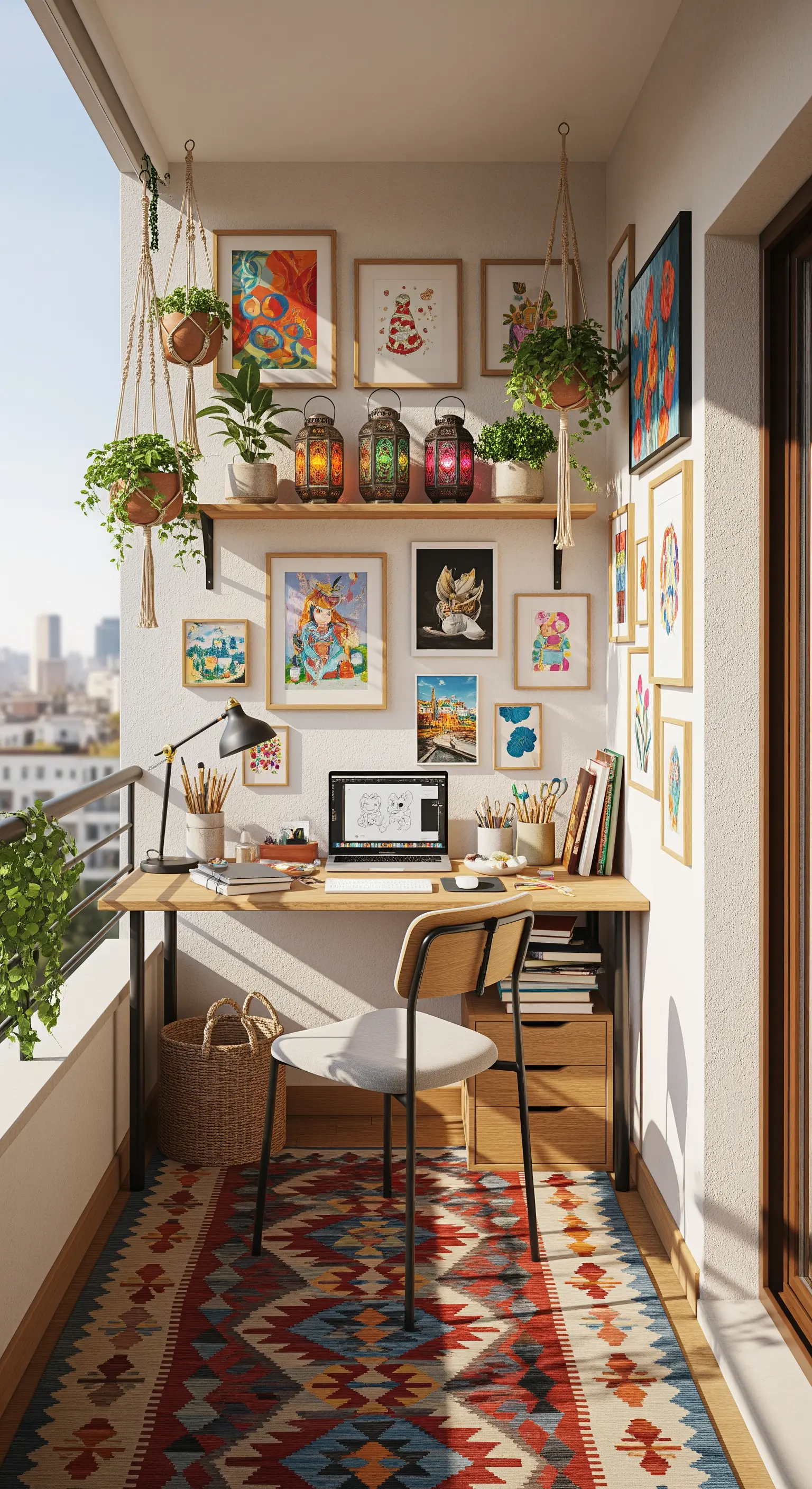 Balcone trasformato in un ufficio con scrivania, sedia, gallery wall e tappeto kilim.
