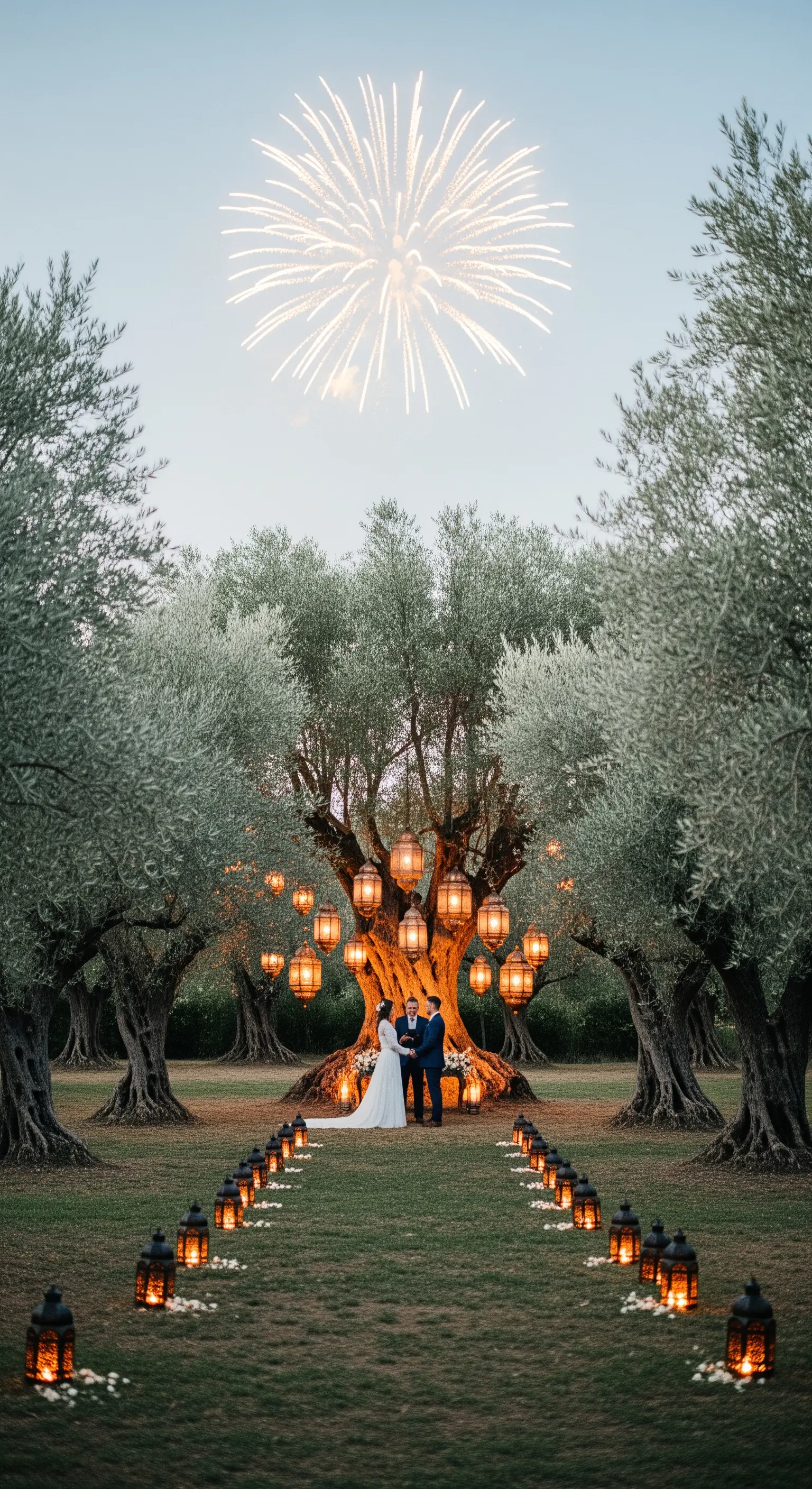 Cerimonia di matrimonio in un uliveto, con gli sposi sotto un albero decorato con lanterne