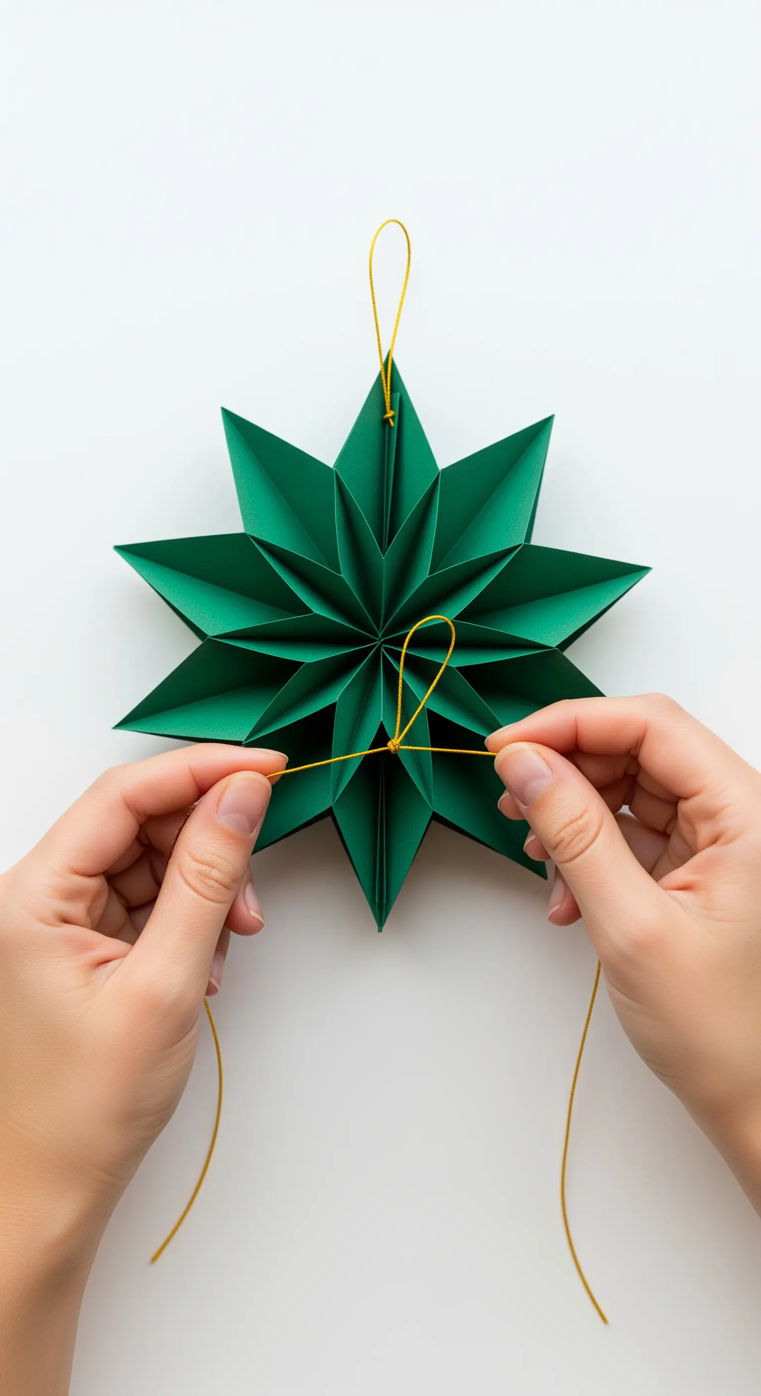 Mani che legano un filo dorato a una stella di carta verde tridimensionale