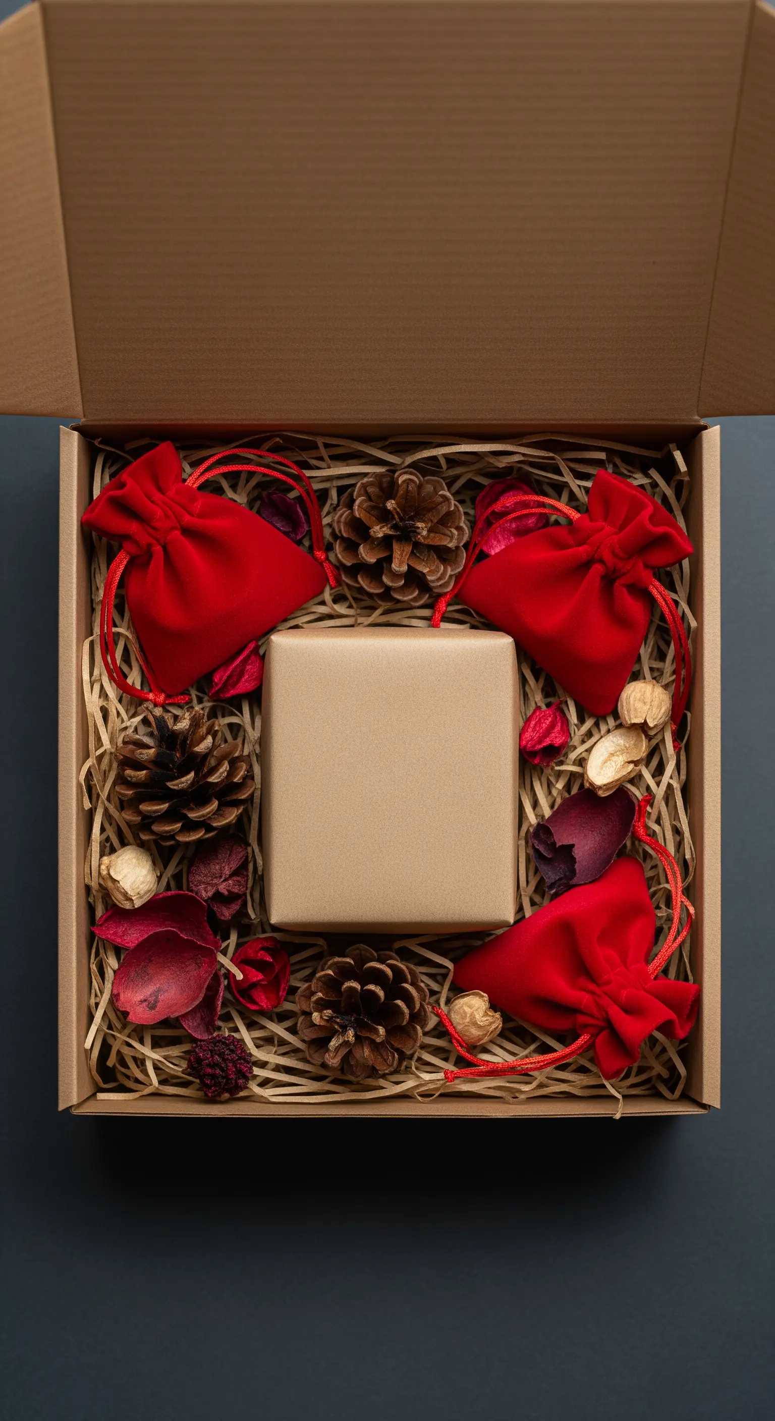 Scatola aperta con paglia, pigne e piccoli sacchetti di velluto rosso.