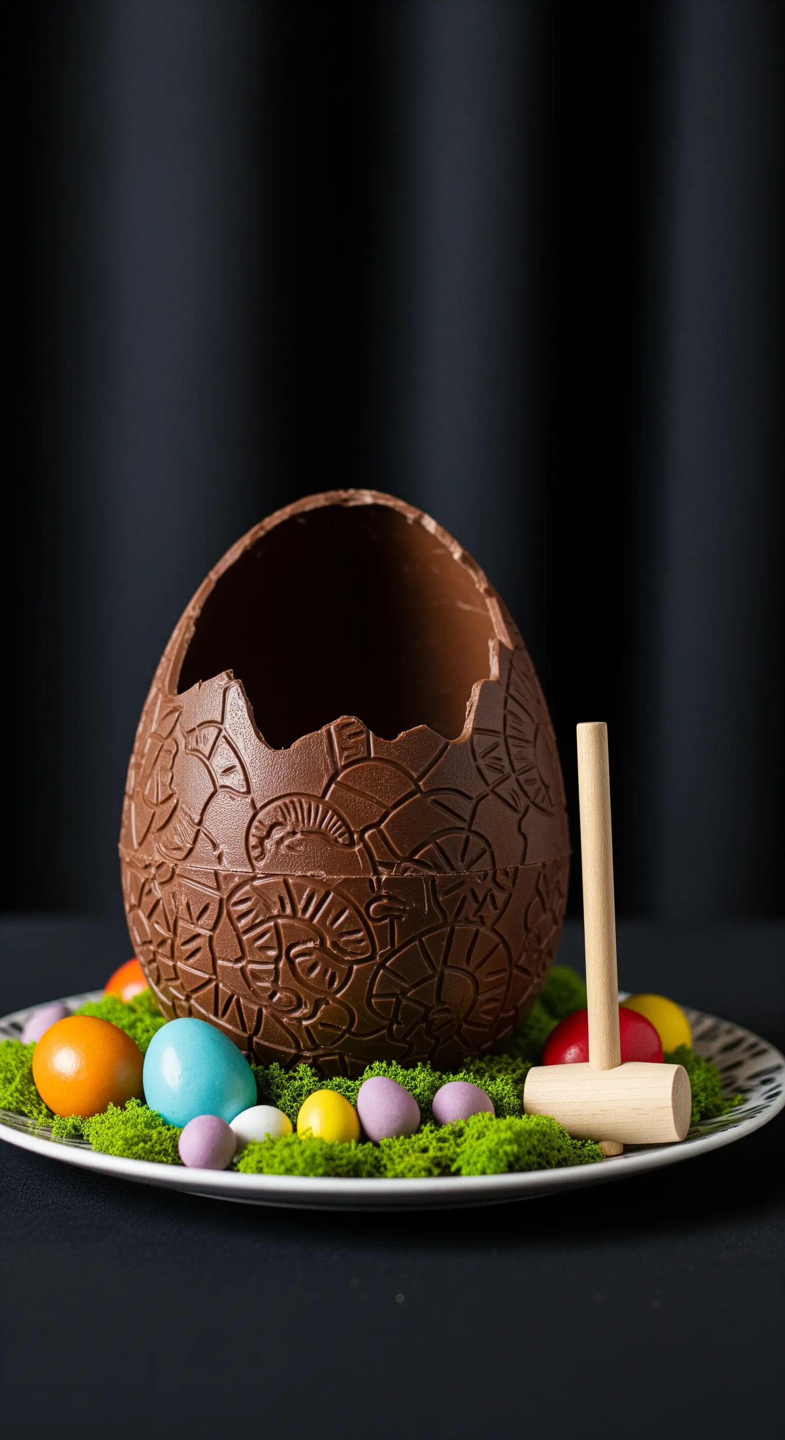 Grande uovo di cioccolato da rompere con un martelletto di legno, su un letto di muschio.