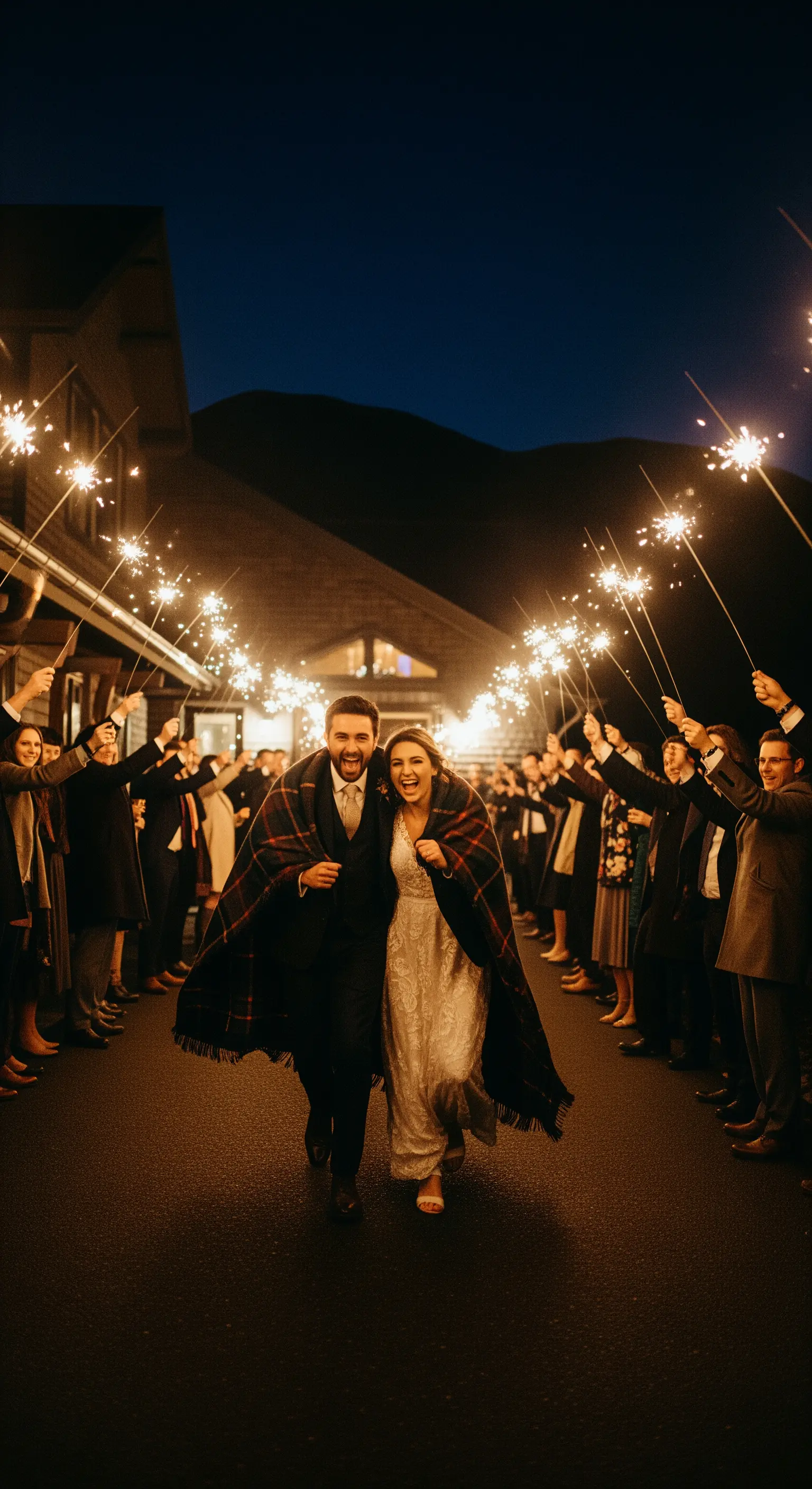 Sposi avvolti in una coperta scozzese corrono attraverso un tunnel di ospiti con stelle filanti accese.