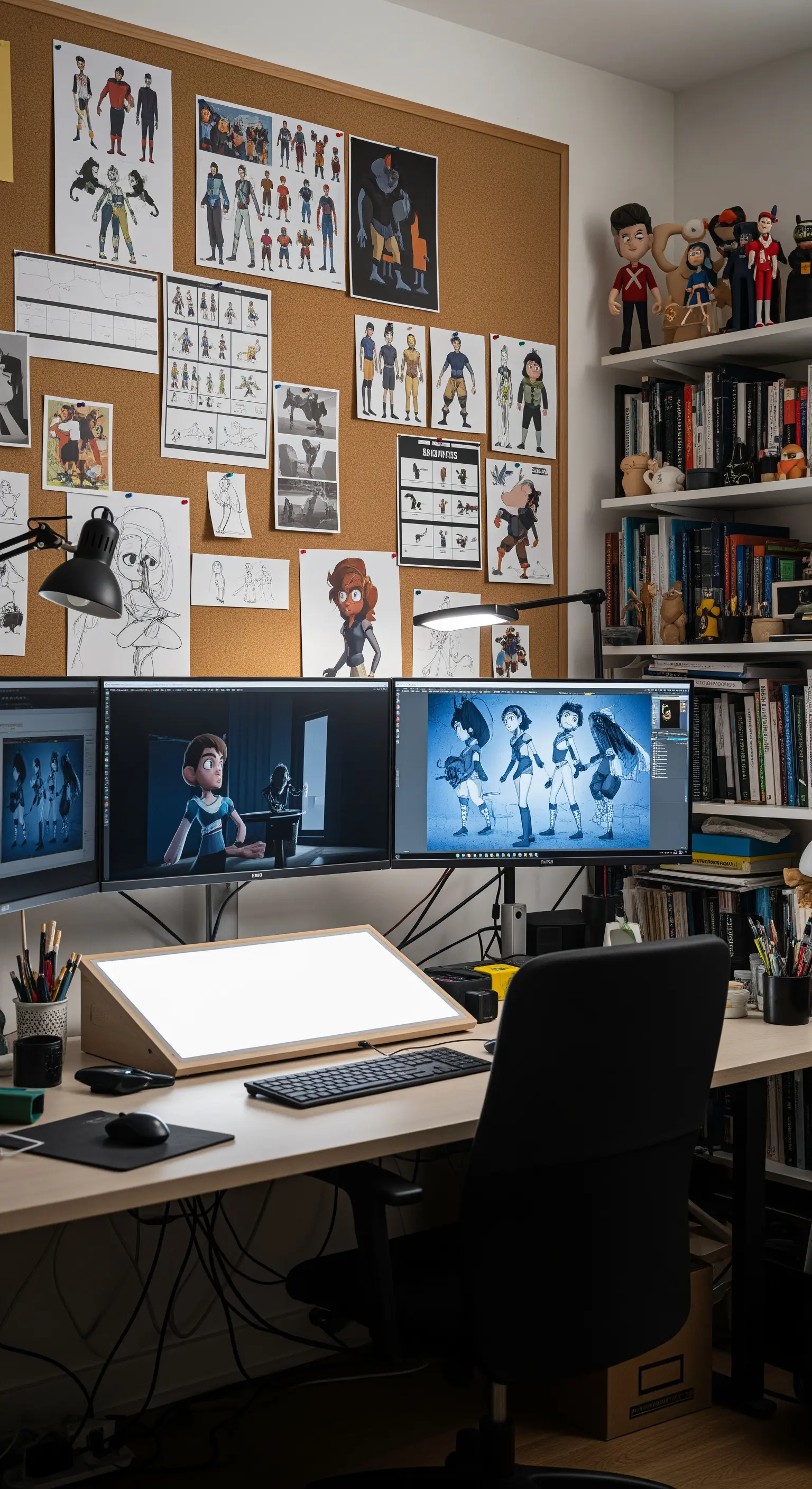 Postazione di lavoro per animatore con bacheca in sughero piena di disegni e character design.