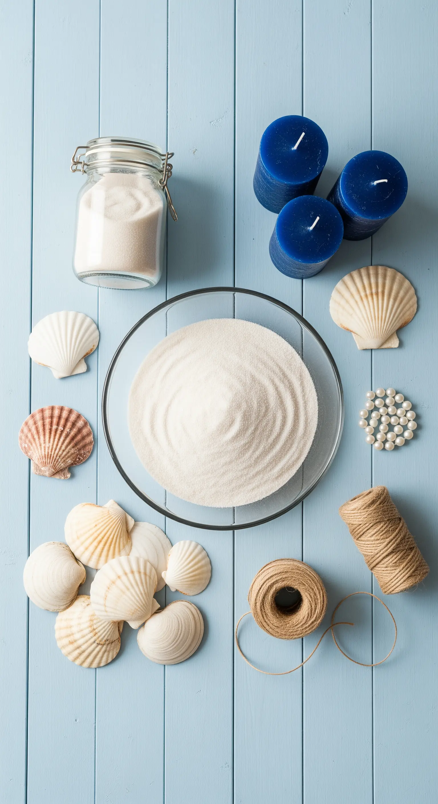 Materiali per centrotavola marino: sabbia, conchiglie, candele blu e spago su fondo azzurro.