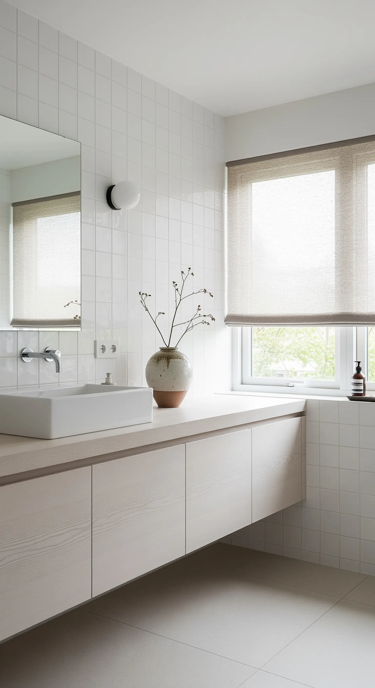 Mobile bagno sospeso in legno chiaro sbiancato con lavabo squadrato.