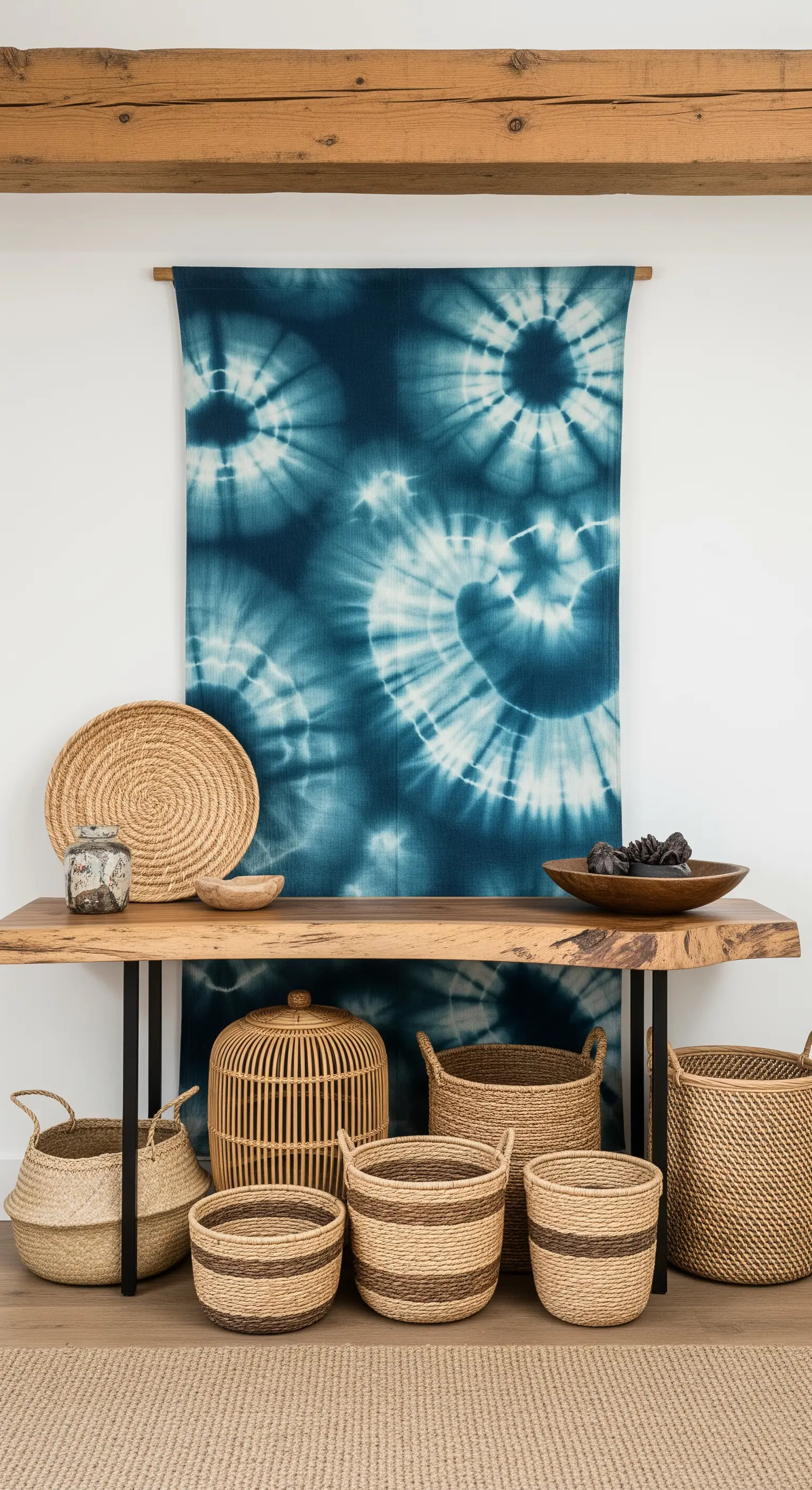 Consolle in legno grezzo con una collezione di cesti intrecciati e un arazzo shibori.