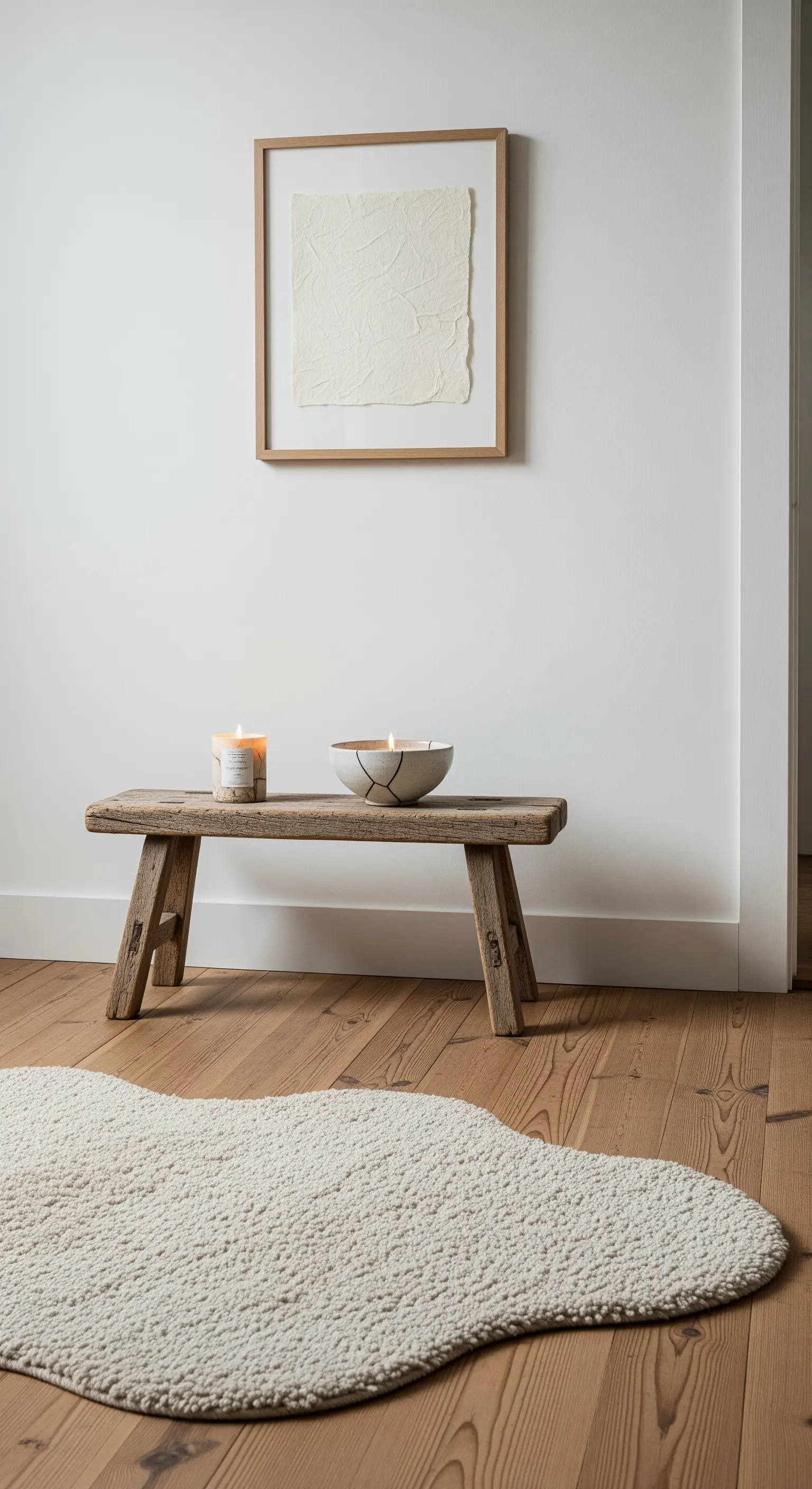 Ingresso minimalista wabi-sabi con sgabello in legno antico e tappeto di forma organica.