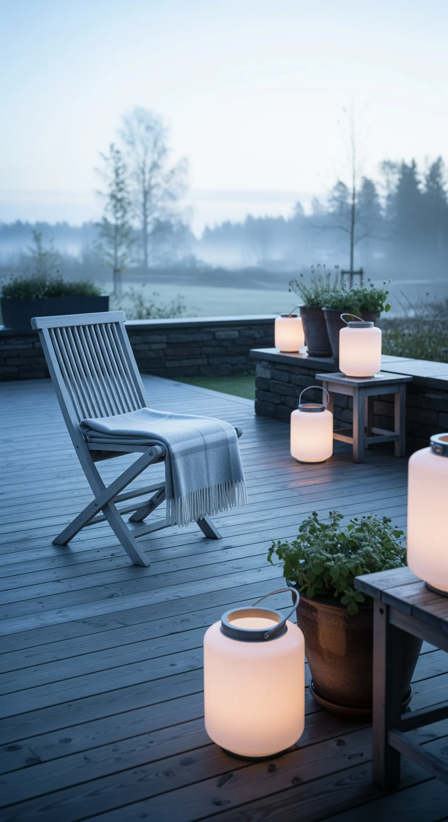 Sedia in legno grigio su una terrazza con lanterne moderne accese in una mattina nebbiosa.