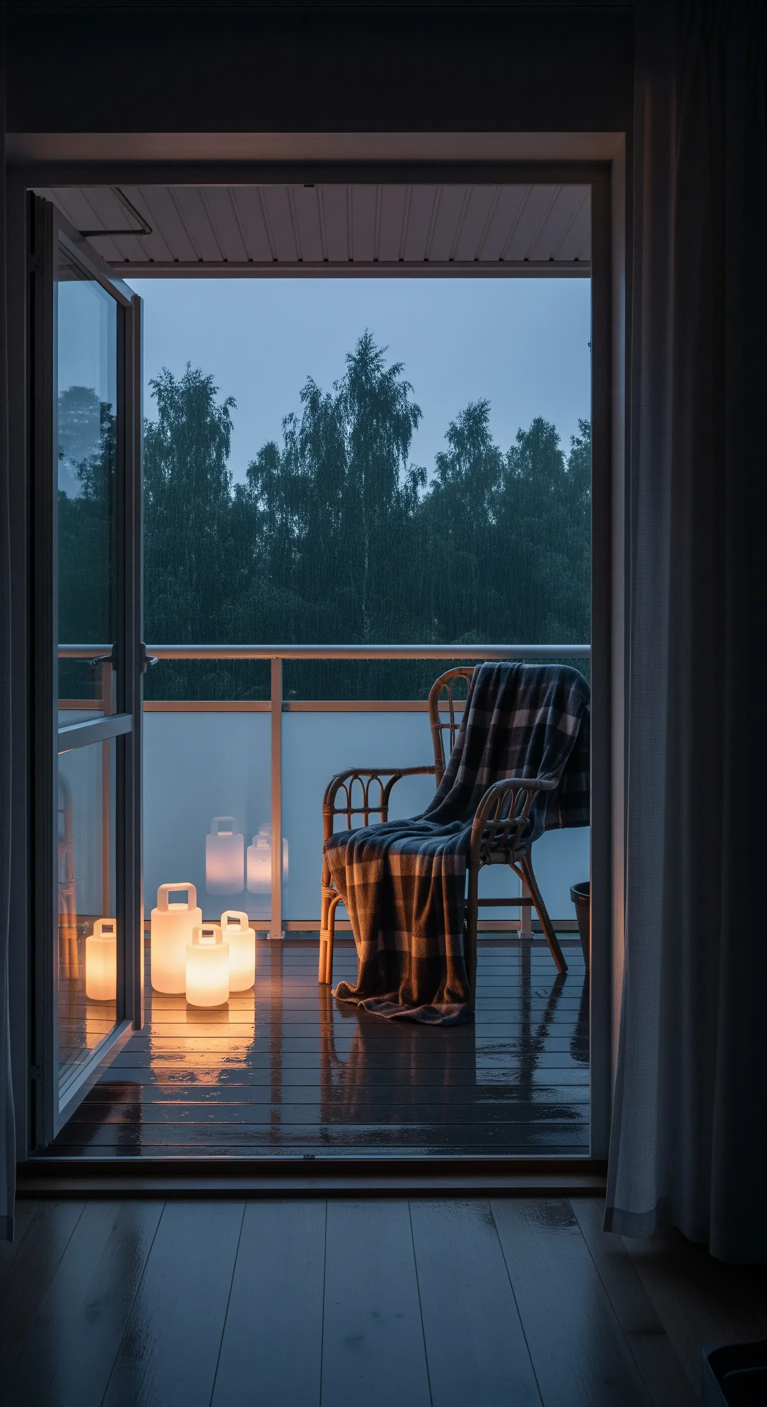 Balcone sotto la pioggia visto dall'interno, con poltrona e lanterne luminose a terra.