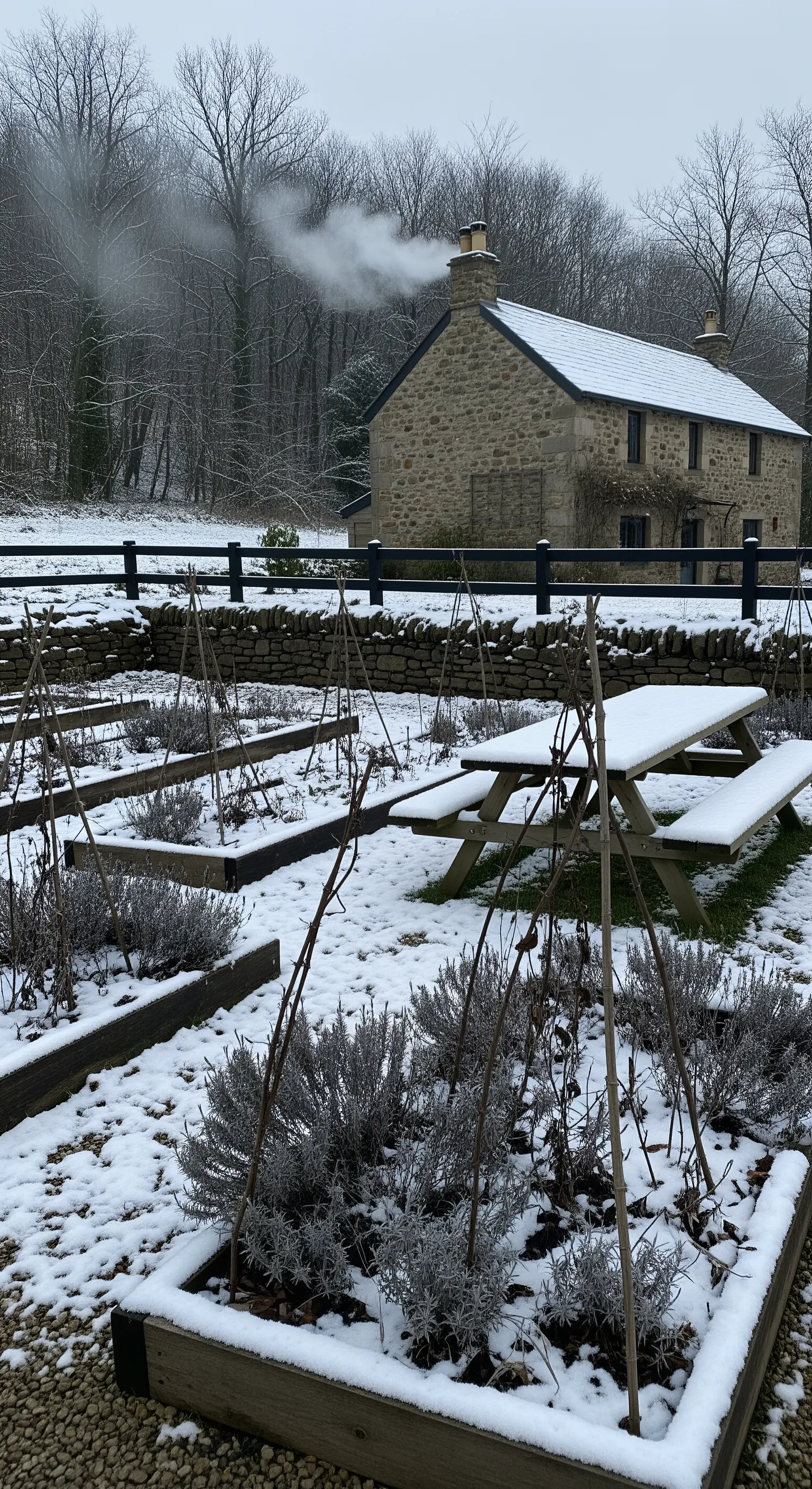 Orto rustico con aiuole rialzate e tavolo da picnic coperti di neve.