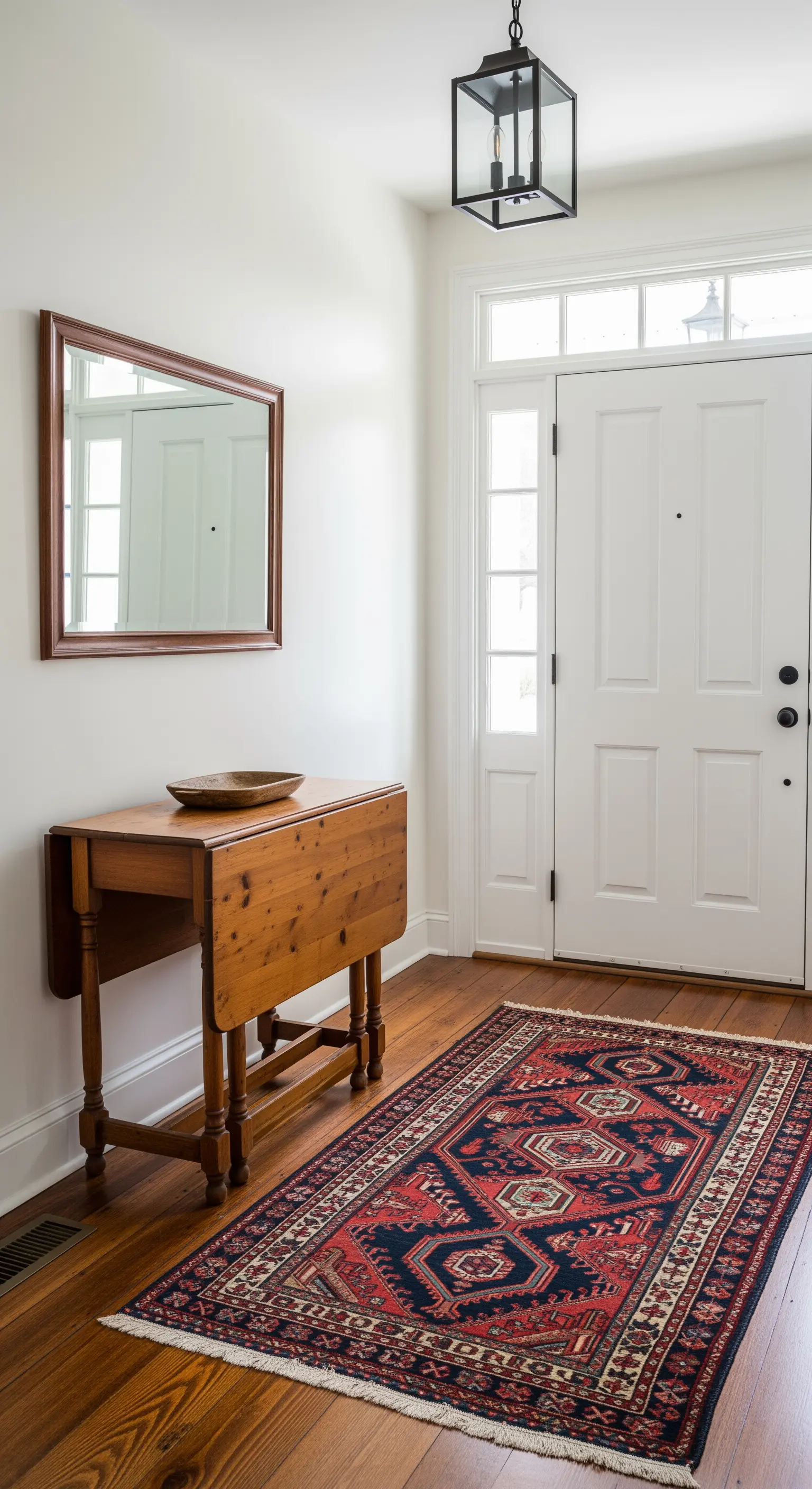 Ingresso in stile farmhouse con tavolo a ribalta in pino e tappeto persiano.