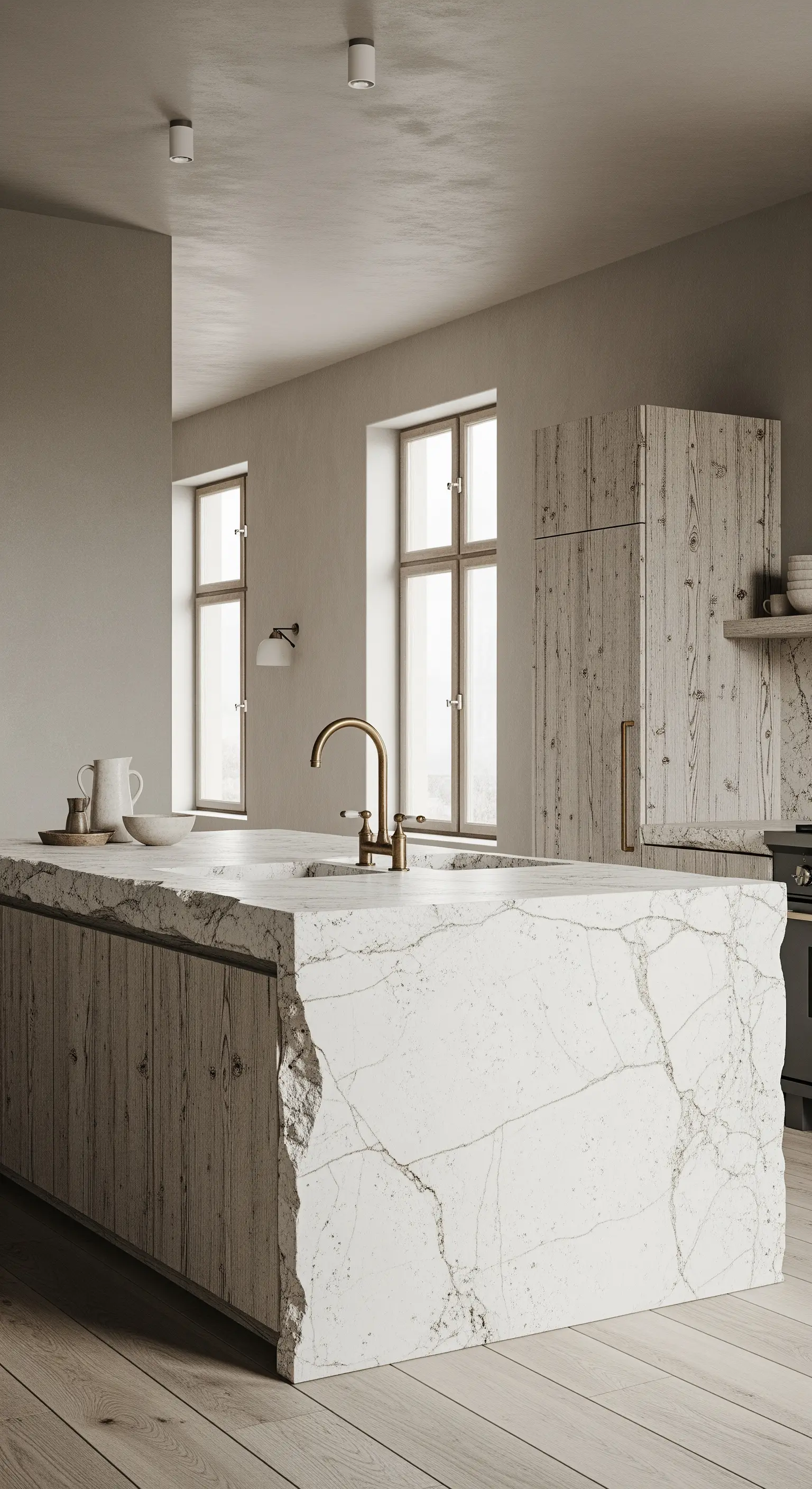 Isola cucina in marmo bianco con bordo grezzo a spacco, abbinata a mobili in legno rustico.