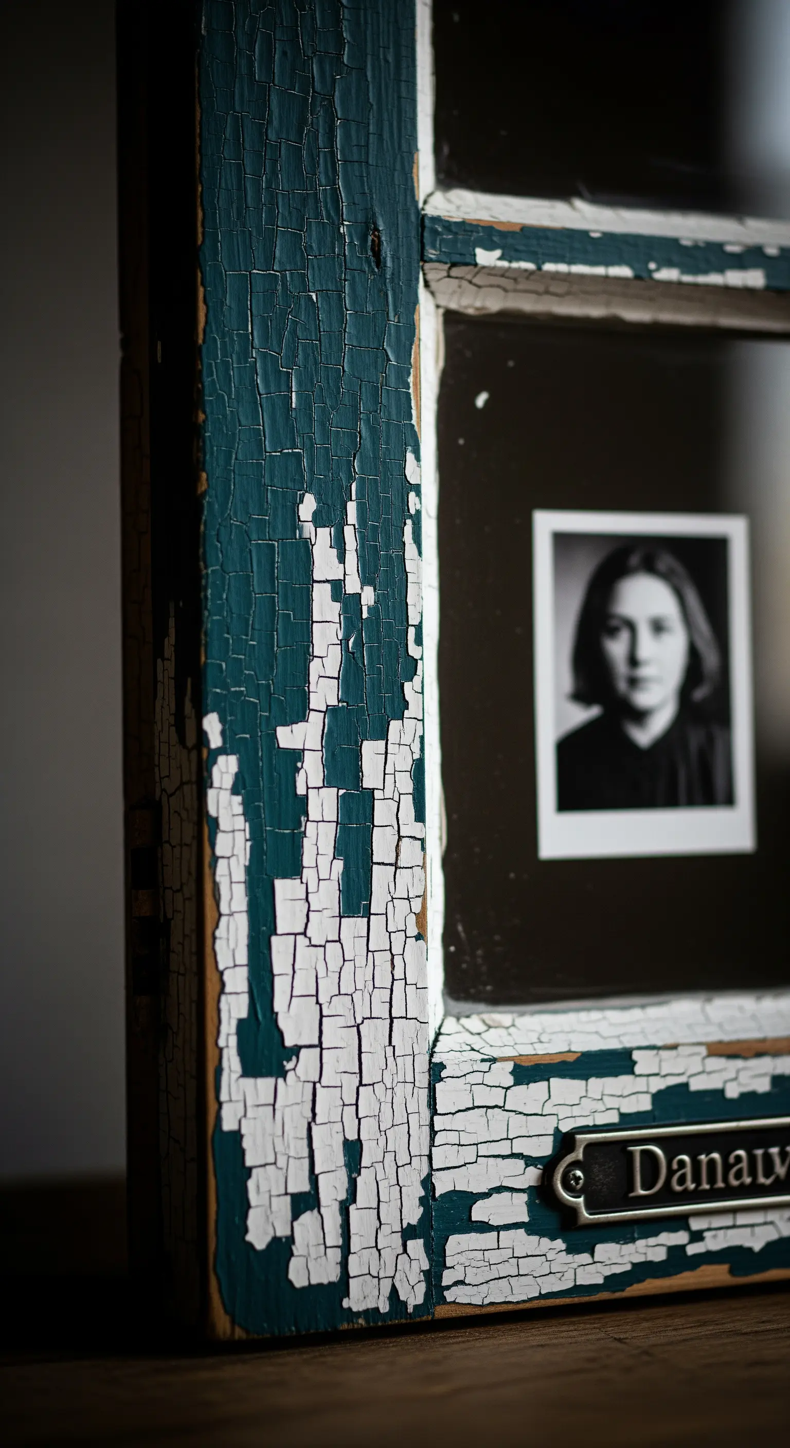 Dettaglio di una vecchia finestra con vernice blu e bianca intensamente screpolata.