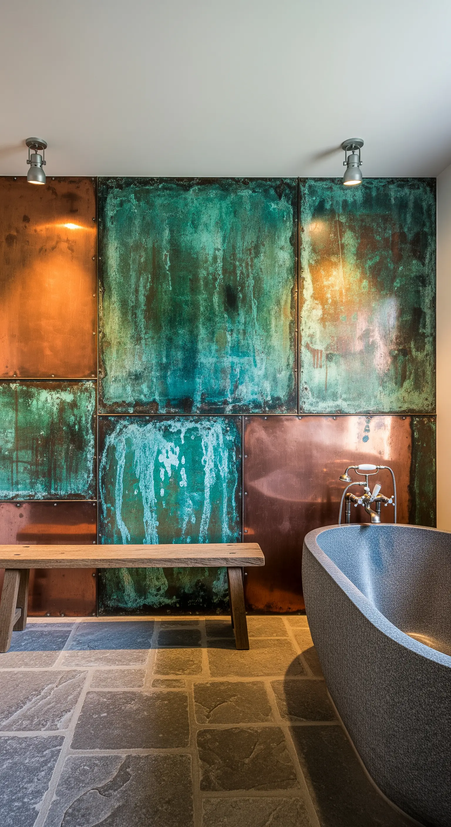 Parete rivestita con pannelli di rame ossidato verde e marrone dietro una vasca in pietra.
