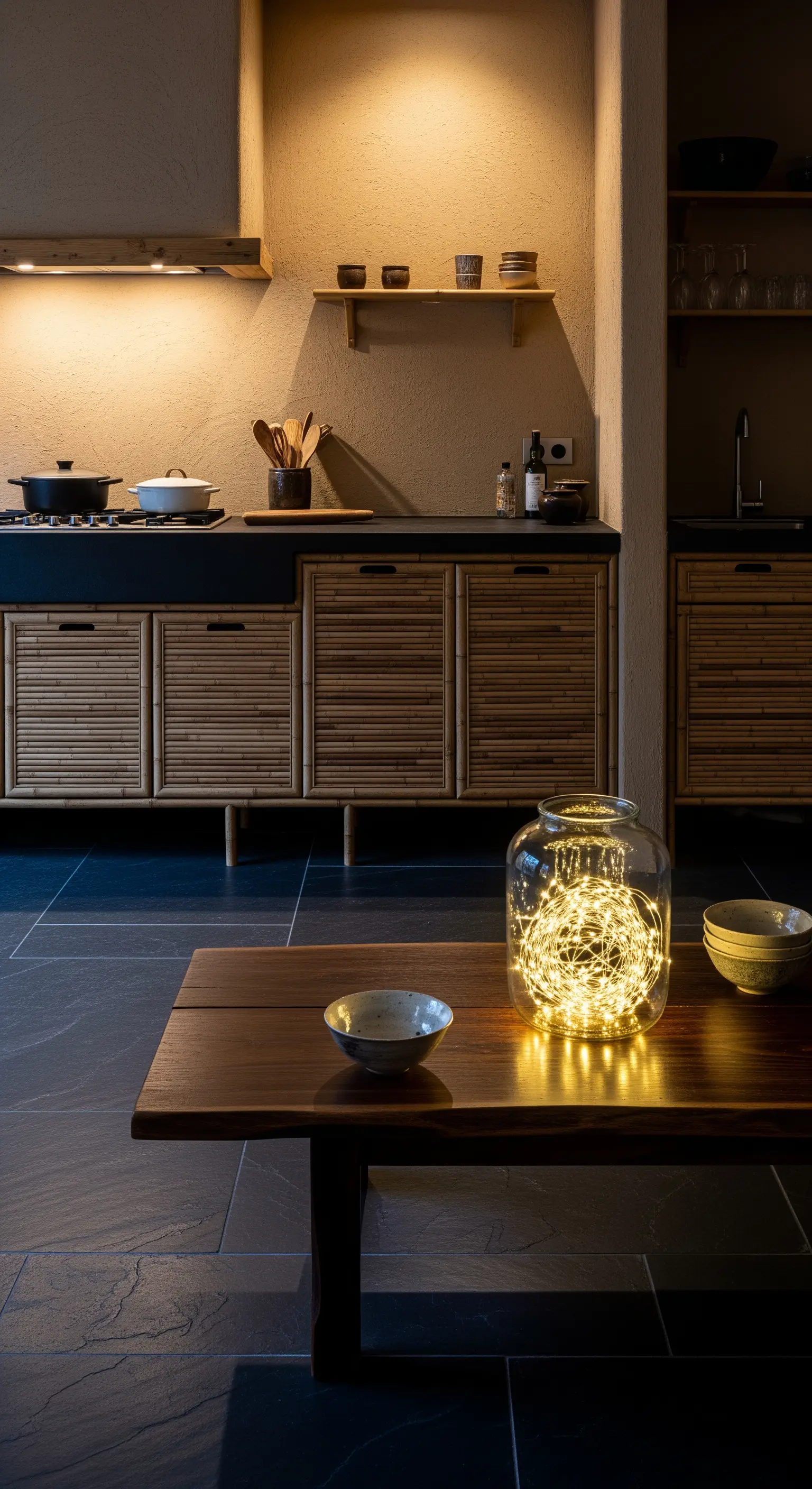 Tavolo in legno scuro con un grande vaso di vetro al centro, riempito di lucine scintillanti.