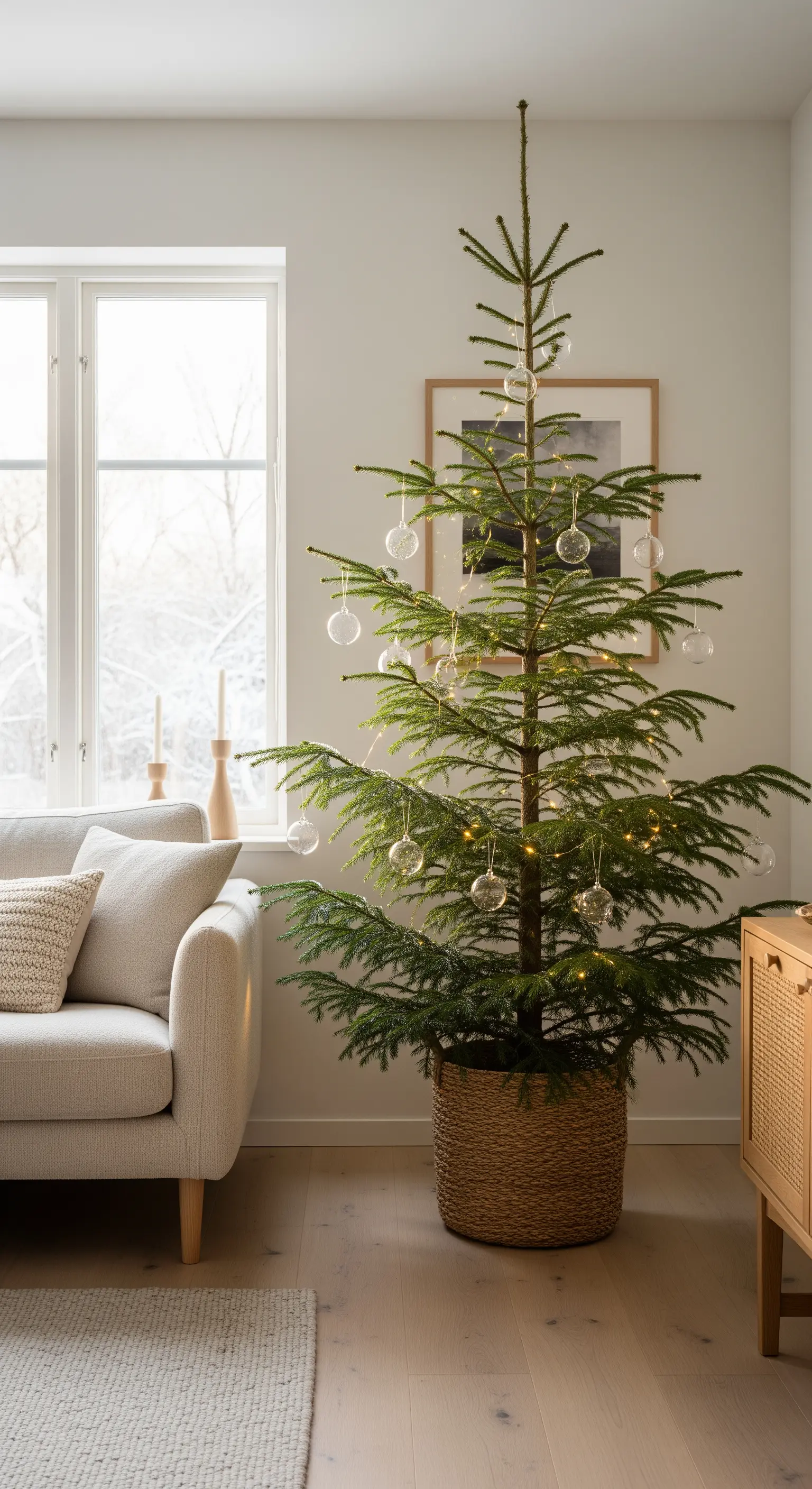 Abete di Natale minimalista in un cesto di vimini, decorato con luci e palline di vetro trasparente