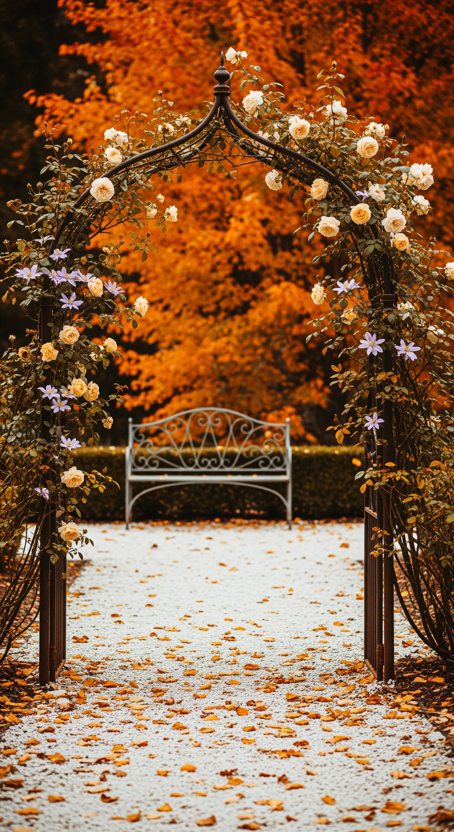 Arco da giardino con rose color crema e foglie autunnali cadute su un sentiero di ghiaia bianca.