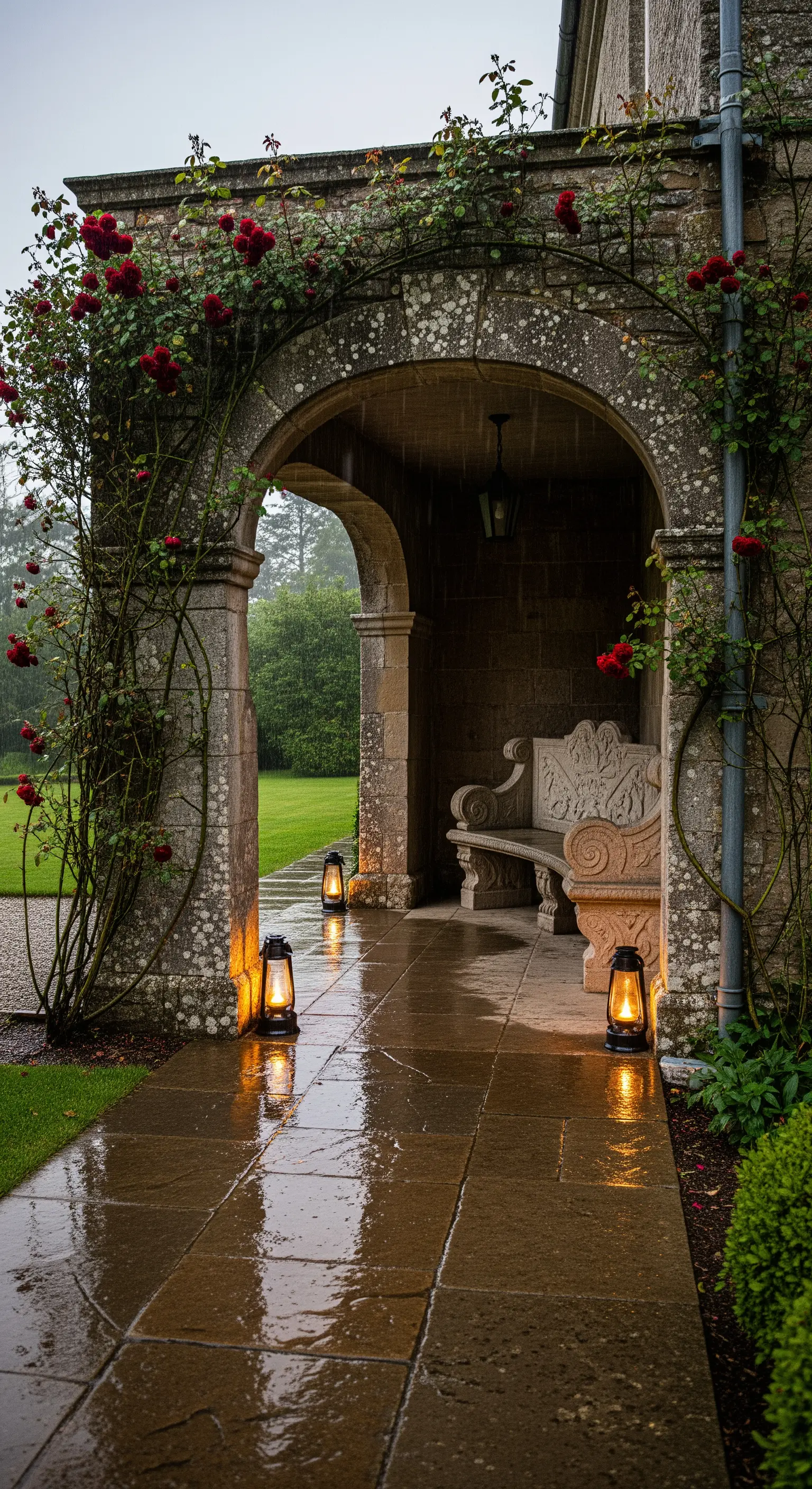 Portico in pietra sotto la pioggia, con lanterne accese e una panca riparata.