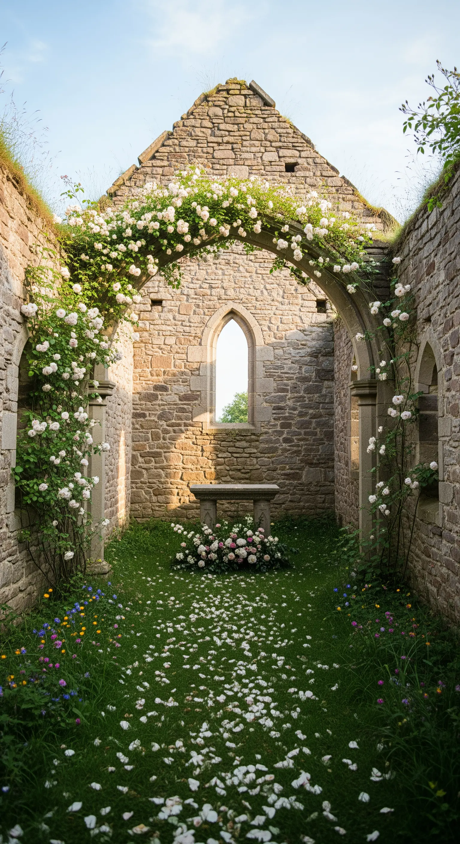 Rovine di una cappella in pietra con un arco ricoperto di rose bianche rampicanti.