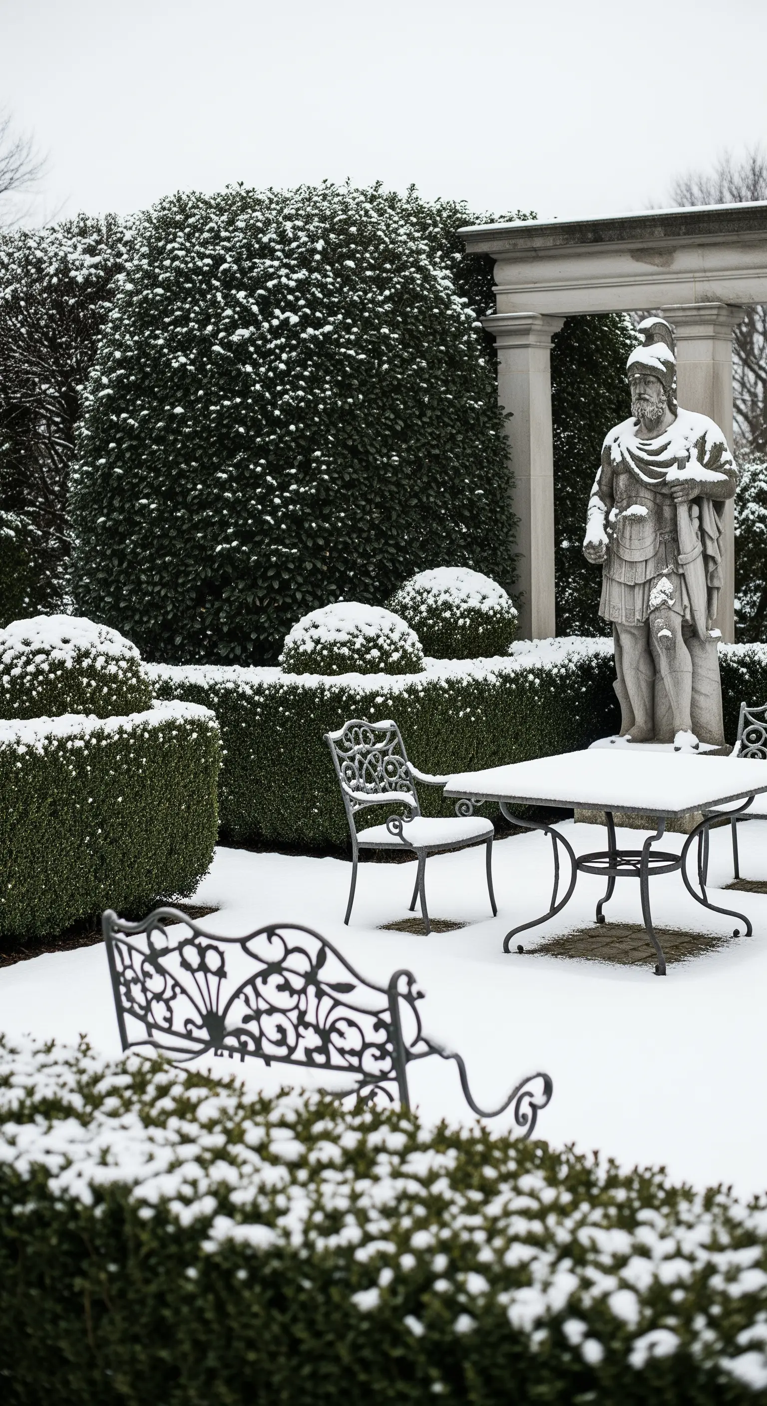 Patio innevato con siepi e arredi in ferro battuto coperti da un velo di neve.