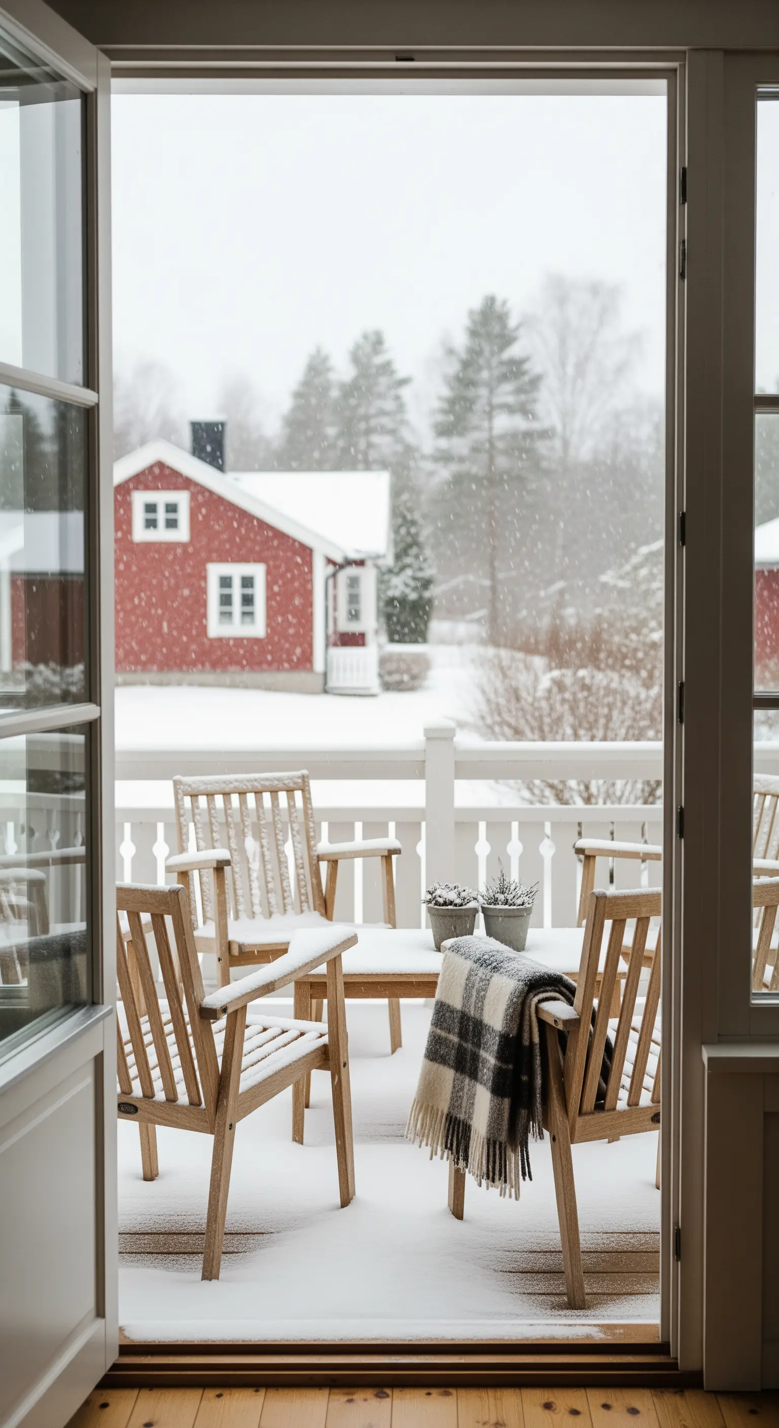 Veranda coperta di neve con sedie in legno e un plaid, vista dall'interno di una casa