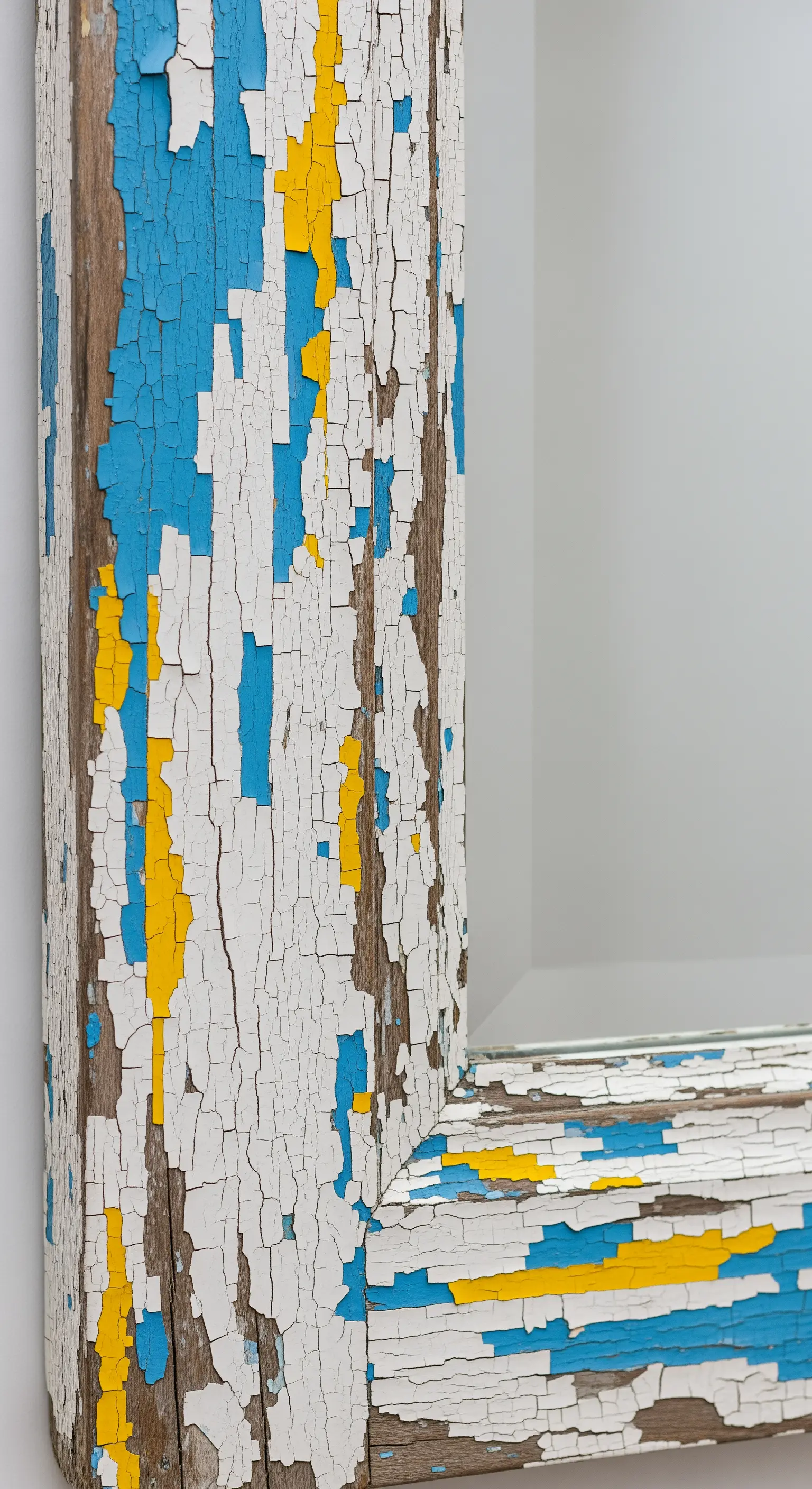Dettaglio di una cornice in legno con strati di vernice scrostata bianca, blu e gialla.