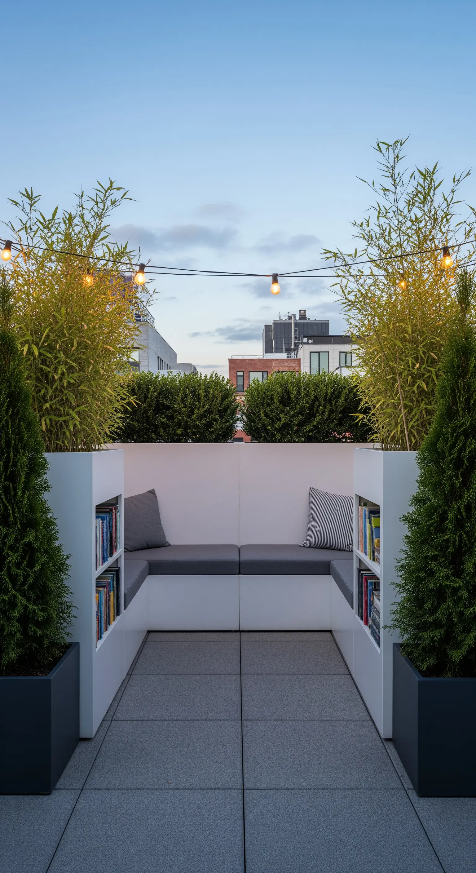 Panchina a U integrata con librerie su una terrazza urbana, con piante e luci a stringa.