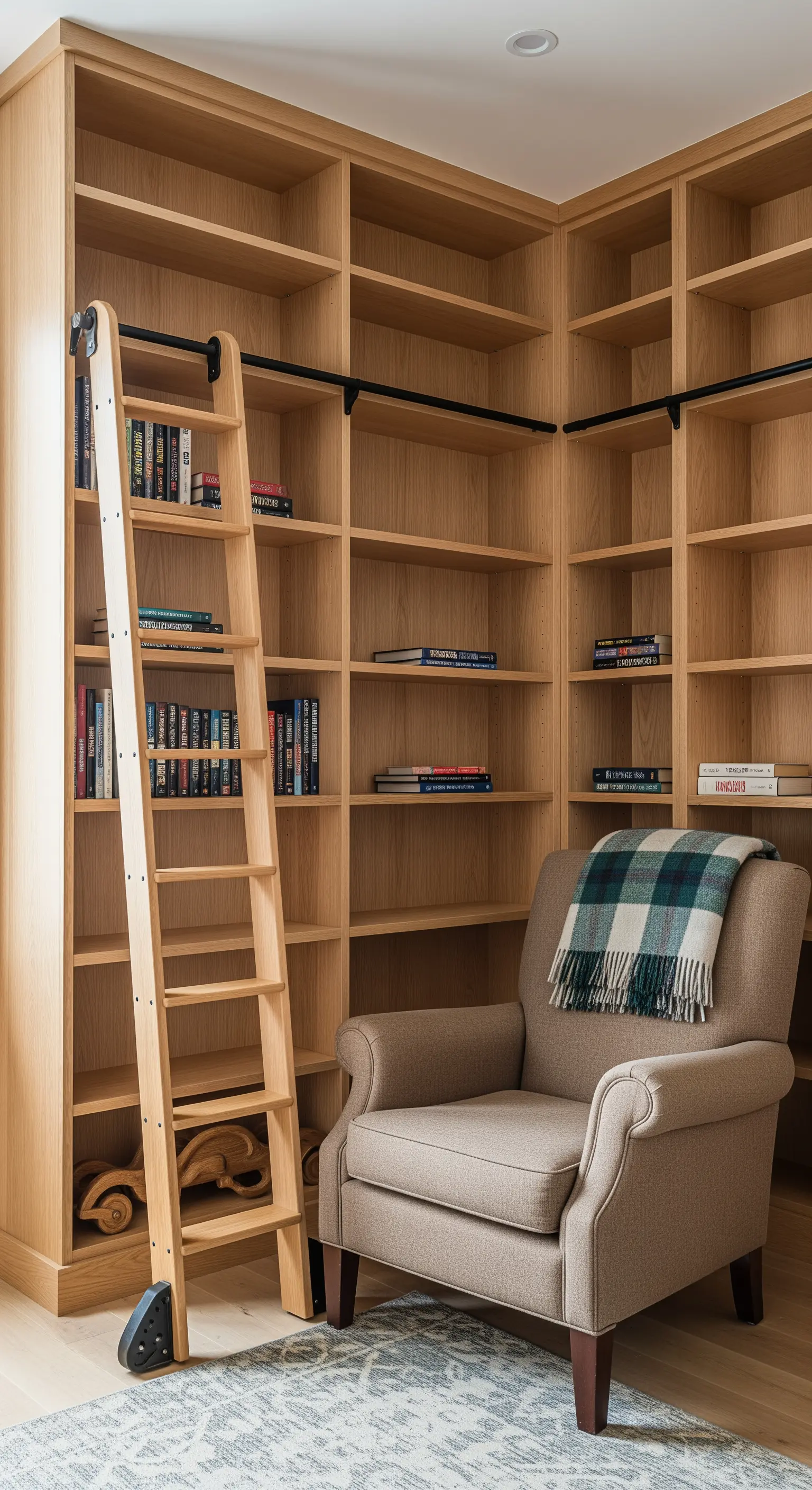 Ampia libreria in legno chiaro a tutta altezza con scala a pioli e una poltrona beige.