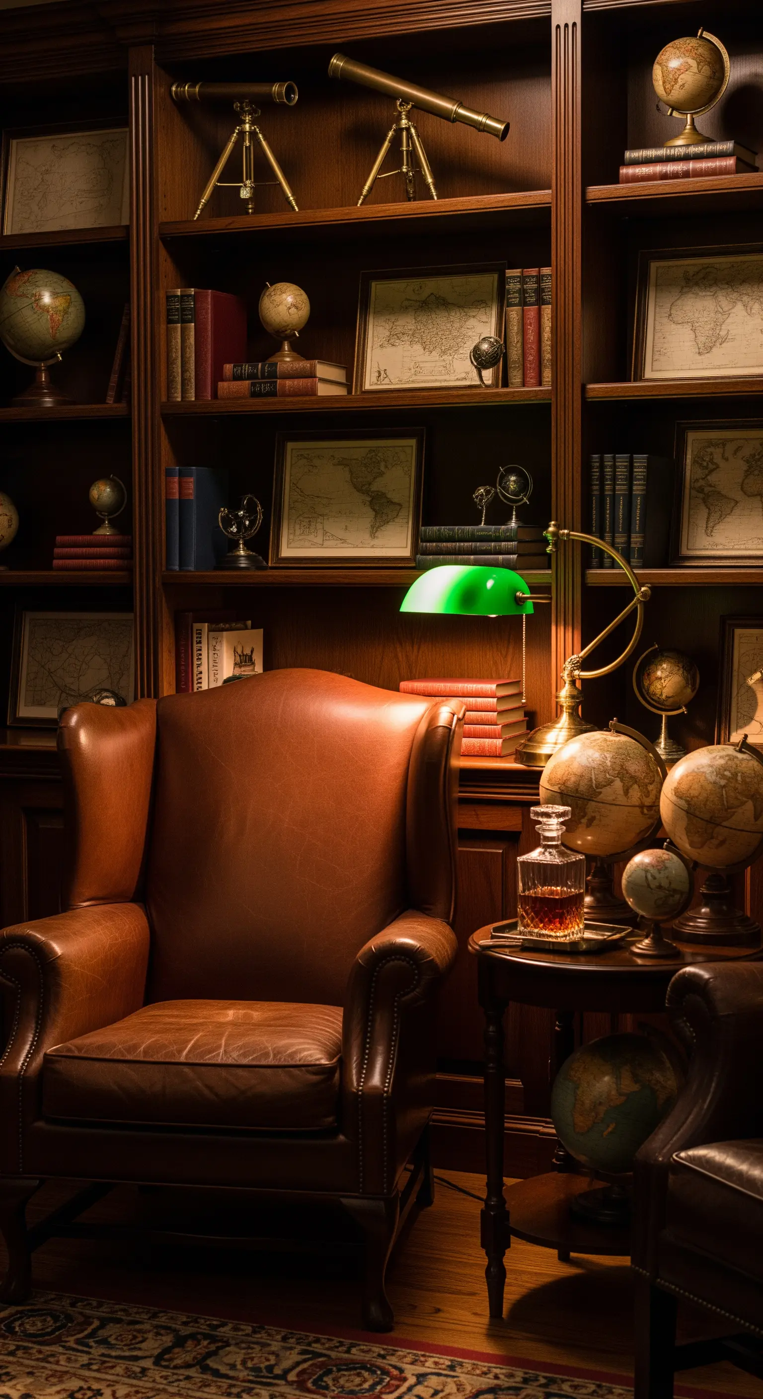 Angolo studio con poltrona in pelle, libreria in legno scuro e mappamondi antichi.