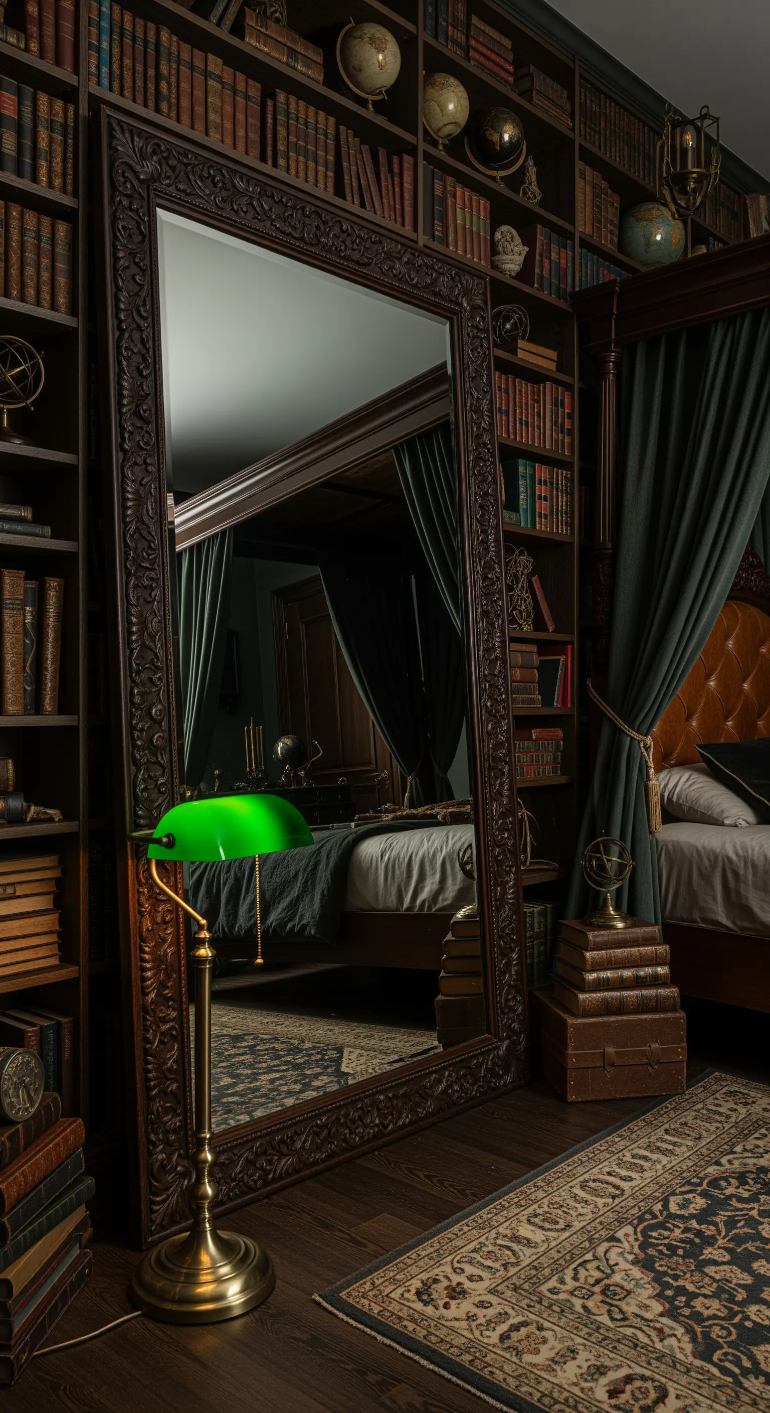 Grande specchio con cornice scura in una camera da letto-biblioteca con pareti di libri.