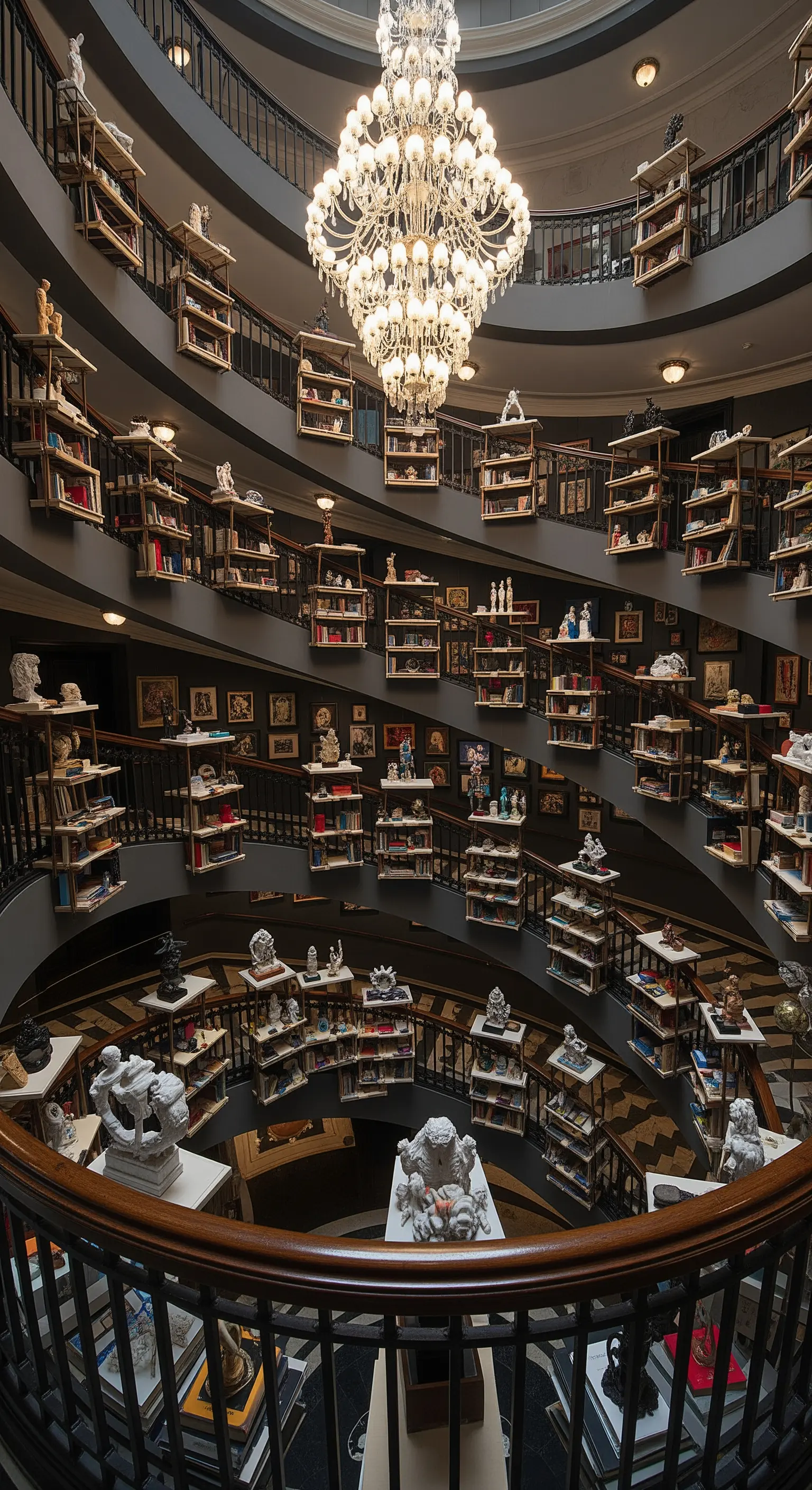 Grande libreria a più piani con una disposizione a spirale di mensole piene di libri e statue.