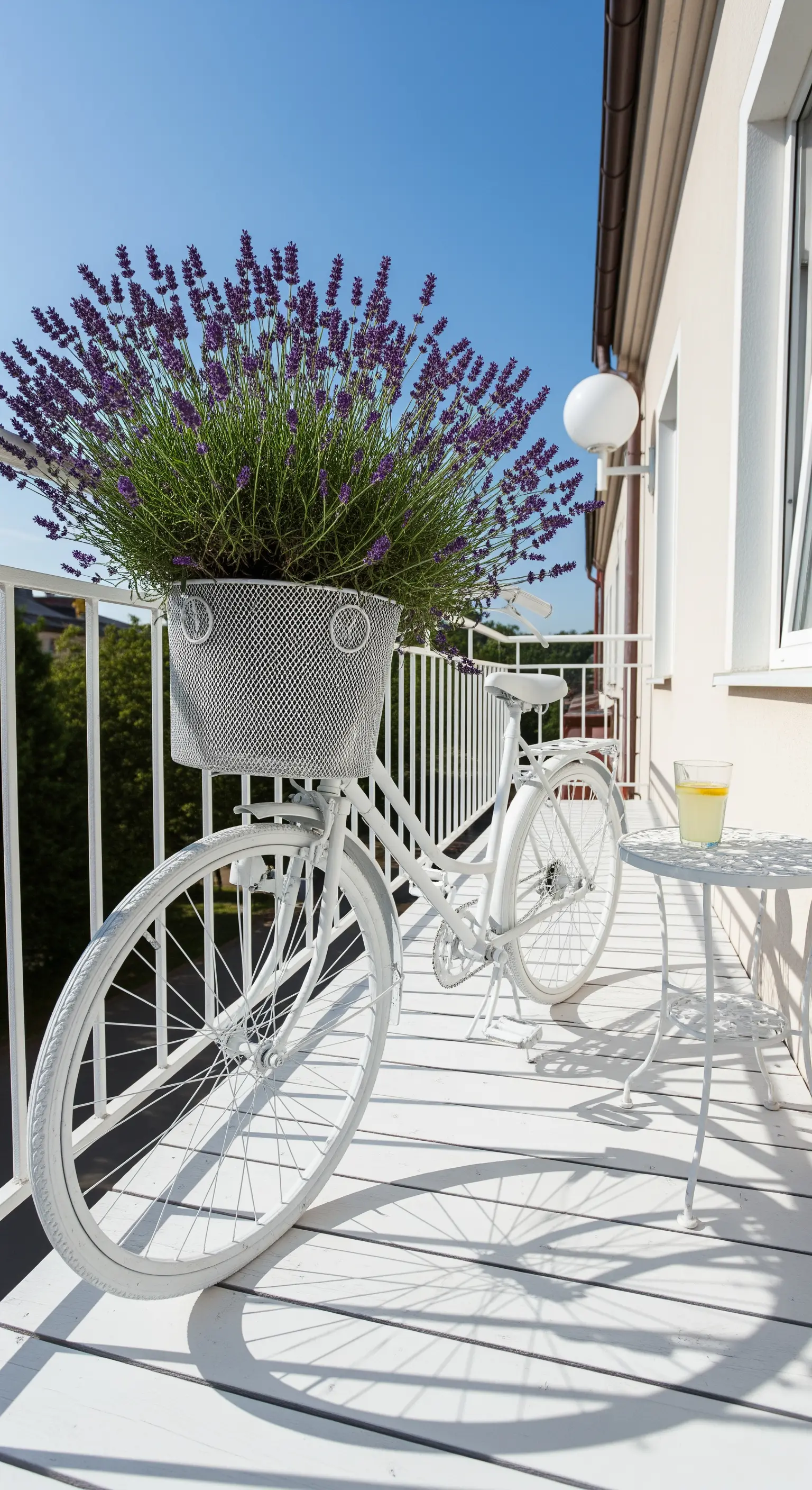 Bicicletta vintage verniciata di bianco con un grande cesto di lavanda fiorita sul manubrio