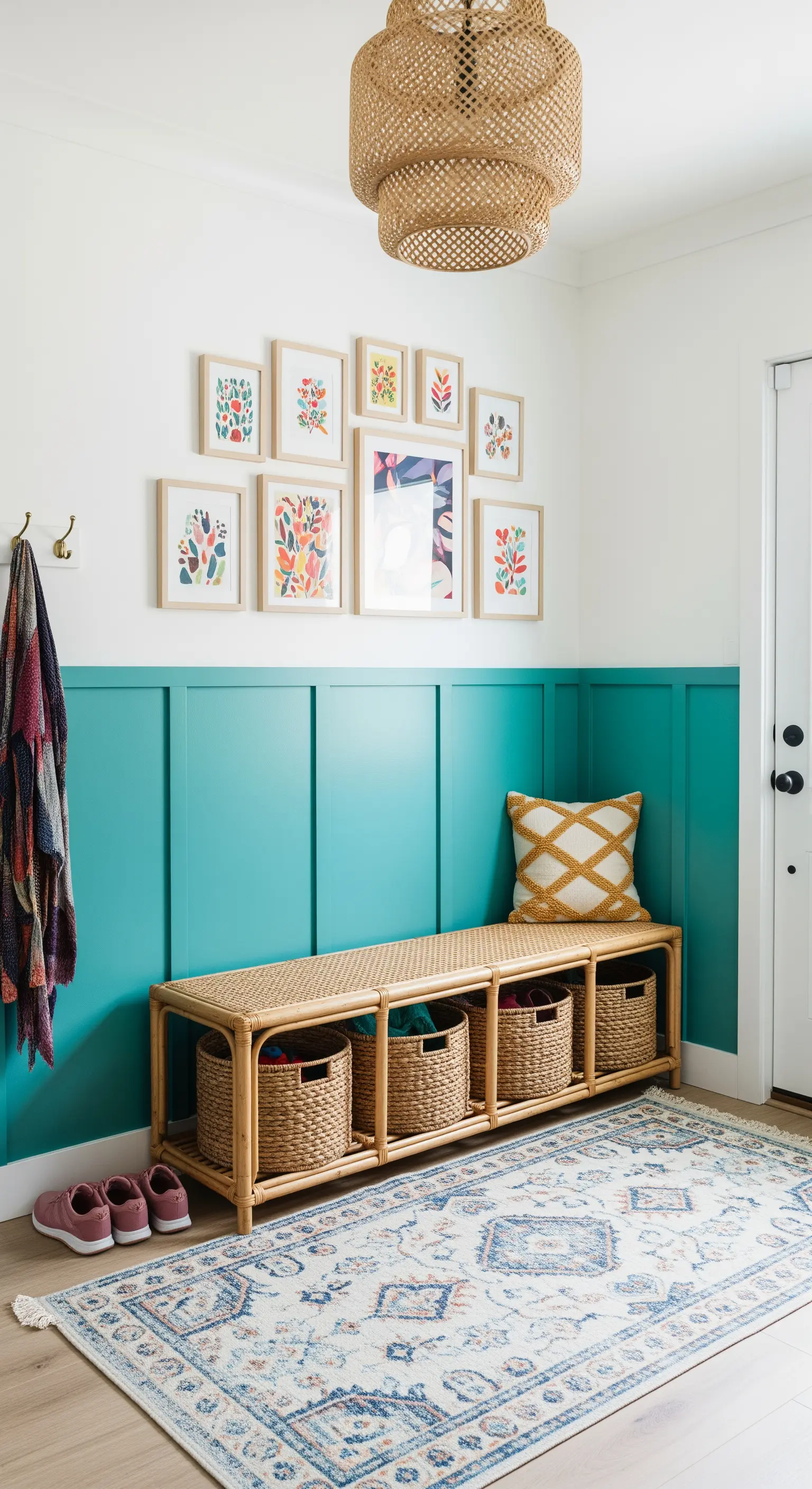 Ingresso con boiserie a mezza altezza verde acqua e panca contenitore in rattan.