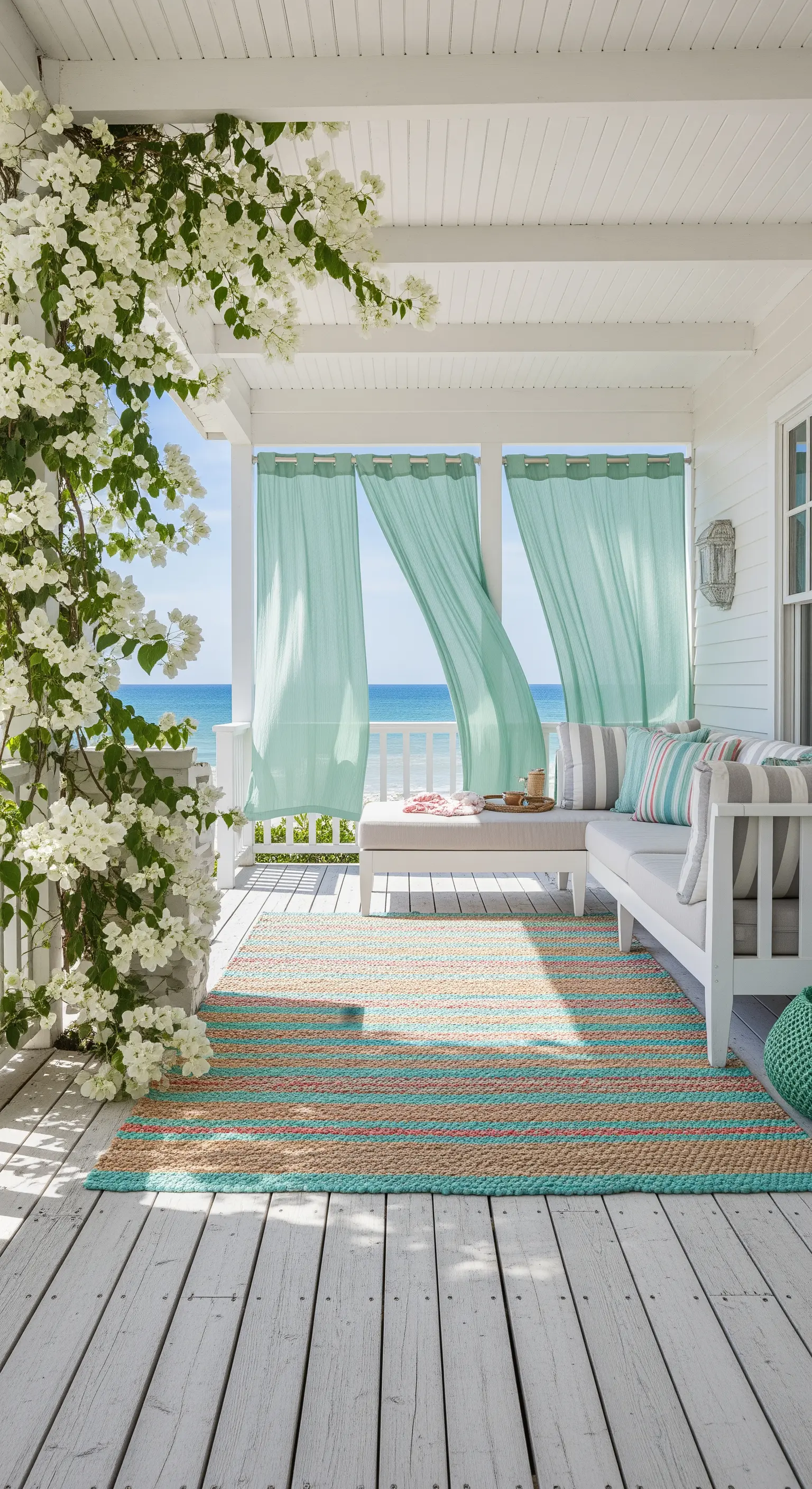 Veranda vista mare con arredi bianchi, tende verde acqua e tappeto a righe.