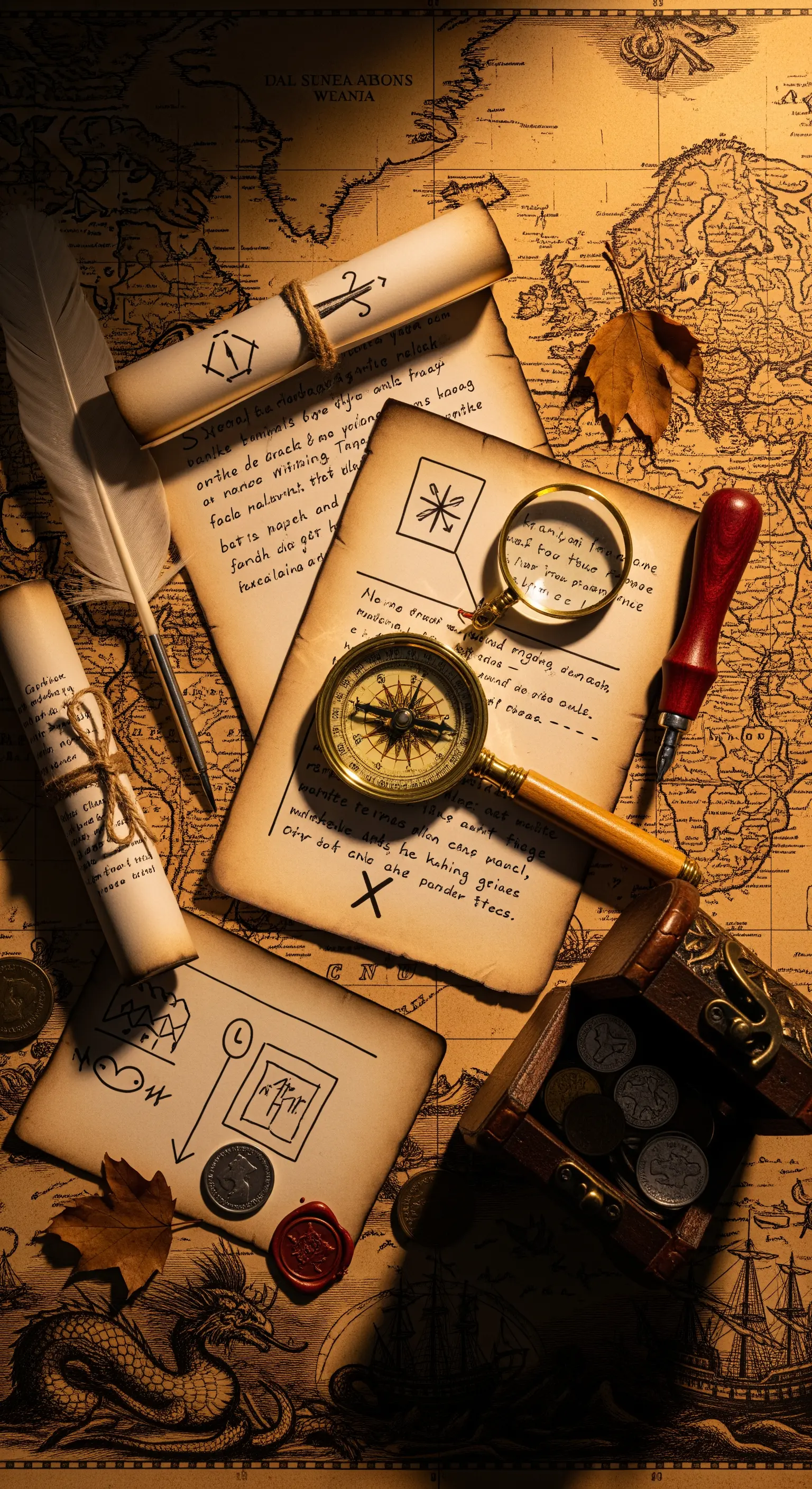 Mappa del tesoro antica con pergamene, bussola, lente d'ingrandimento e monete