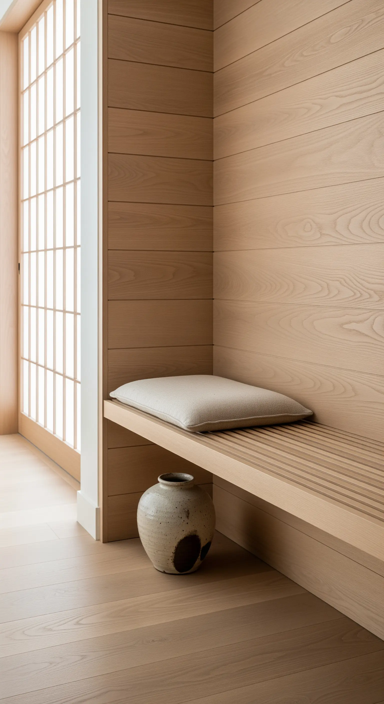 Panca minimalista in legno chiaro a listelli in un angolo con boiserie coordinata.