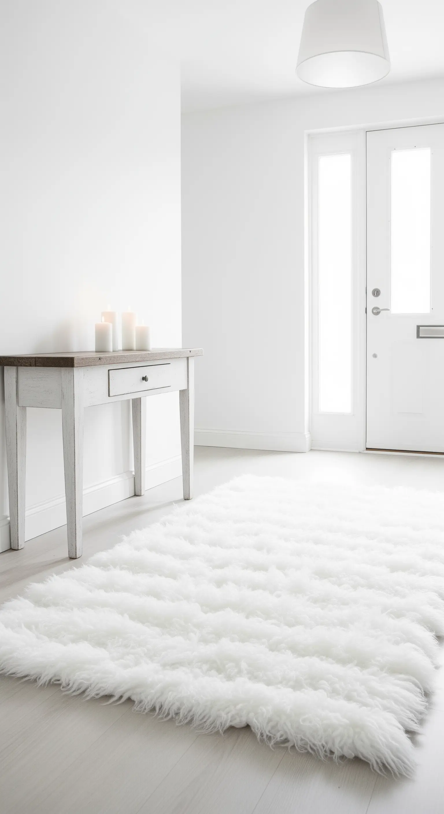 Ingresso minimalista total white con consolle bianca e un grande tappeto a pelo lungo.